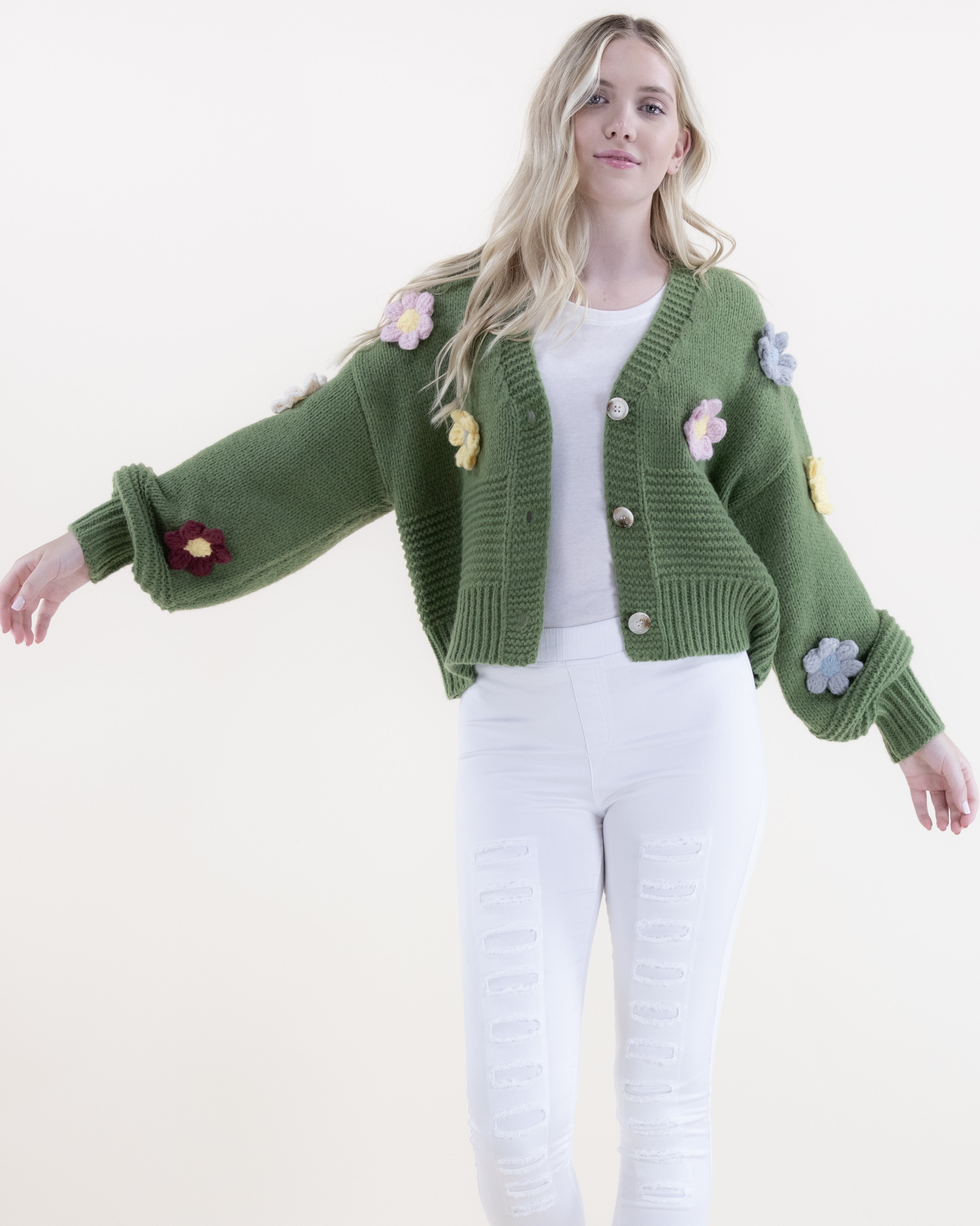 3-D Flowers Cropped Cardigan w/ Button Closure - GREEN (S/M, L/XL) (Pack of  6)