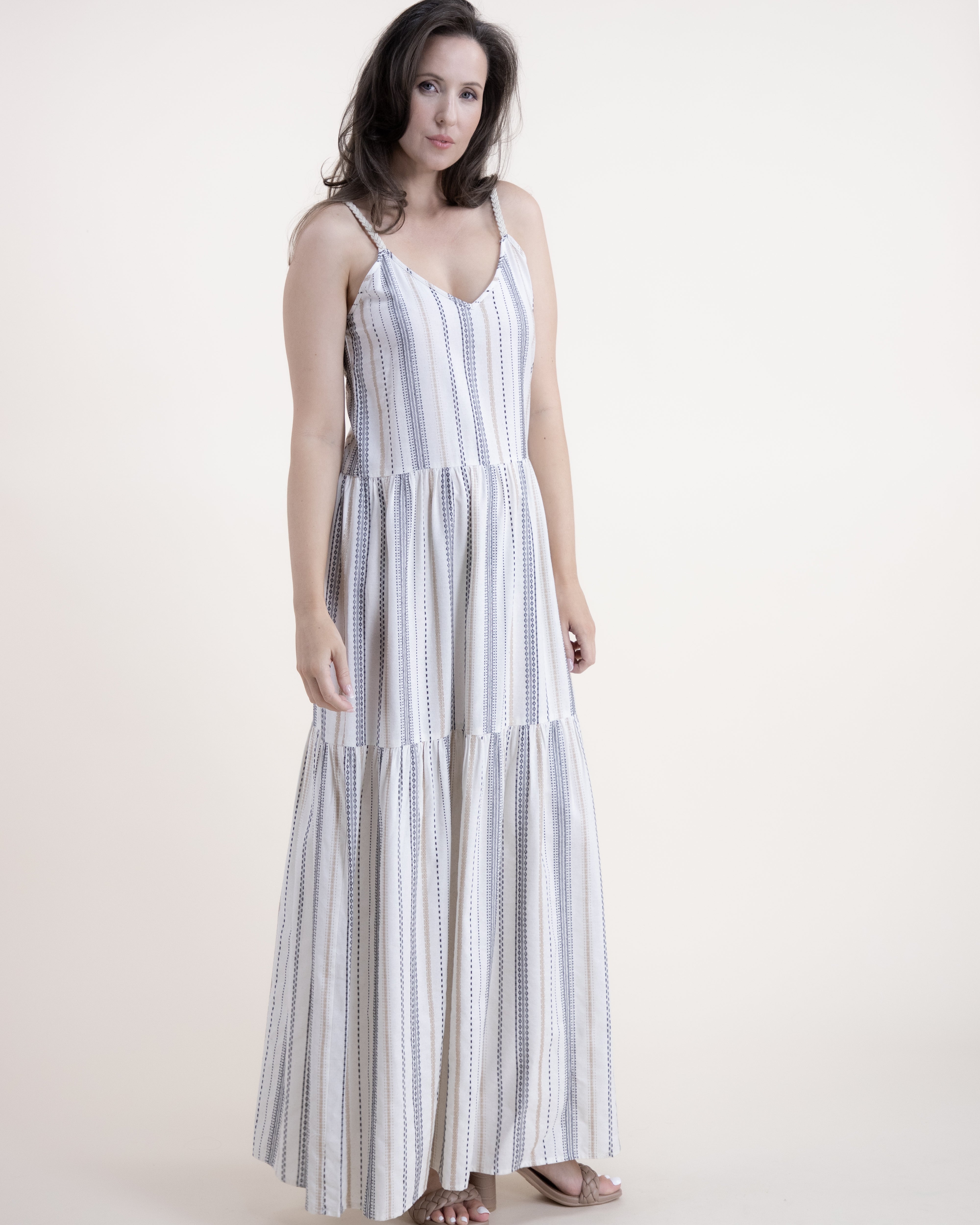 Ivory White Striped Spaghetti Strap Sleeveless Tiered Linen Maxi Dress main image 1