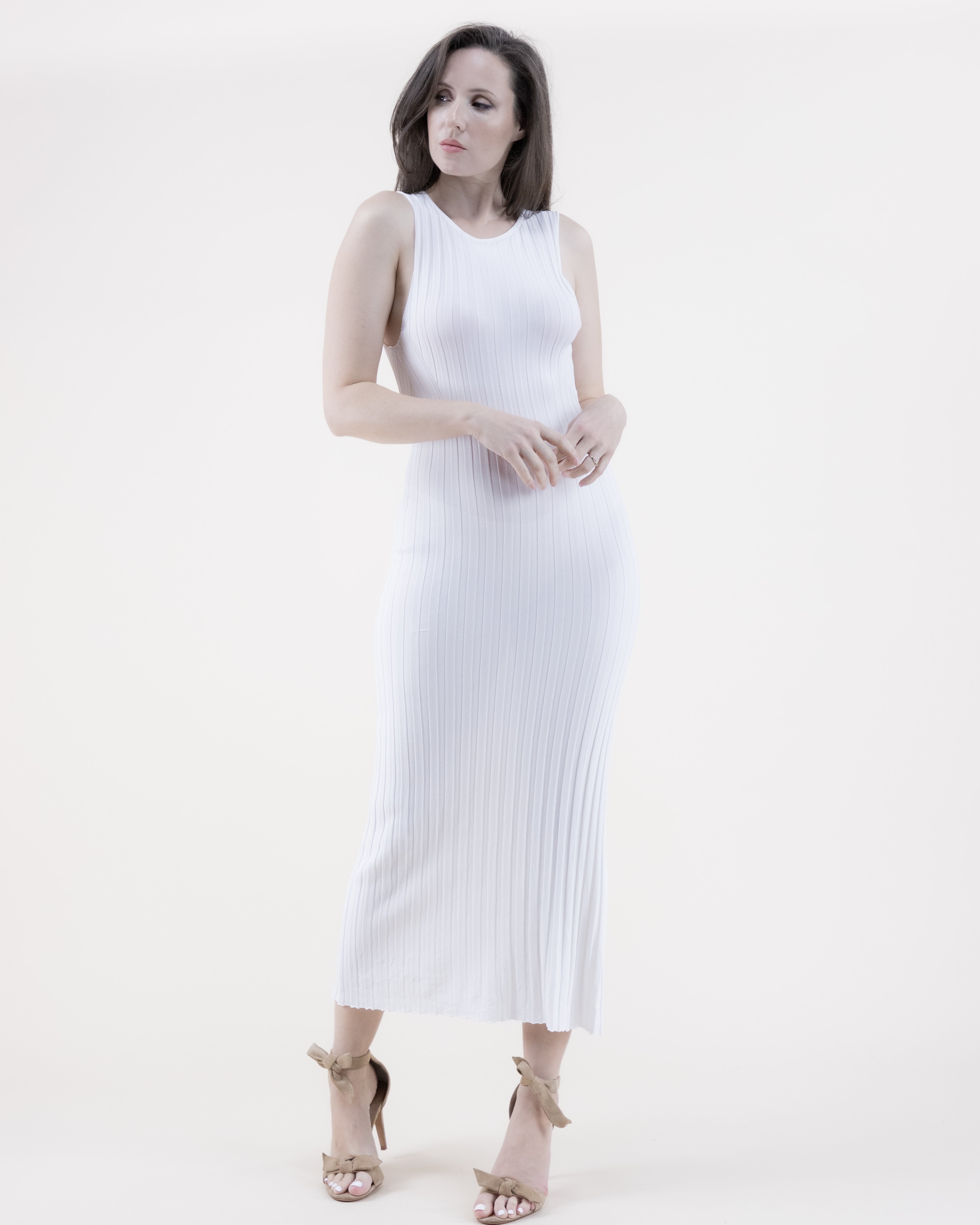 White Knit Midi Dress Sleeveless Scoop Neck Bodycon Rib main image 1