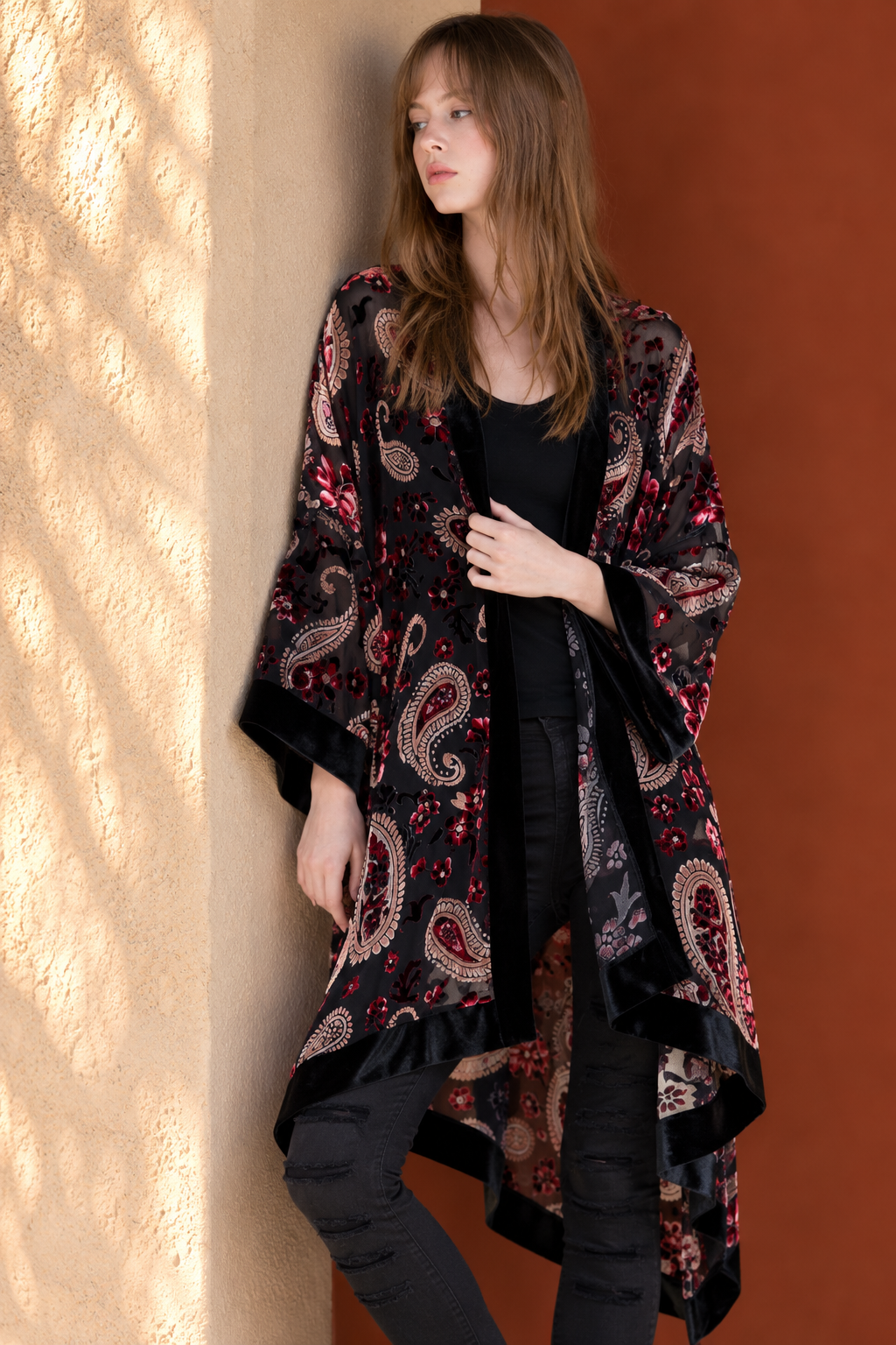 Luxe Velvet Flowers and Paisley Burn-Out Kimono - BLACK (OS) (Pack of 6)