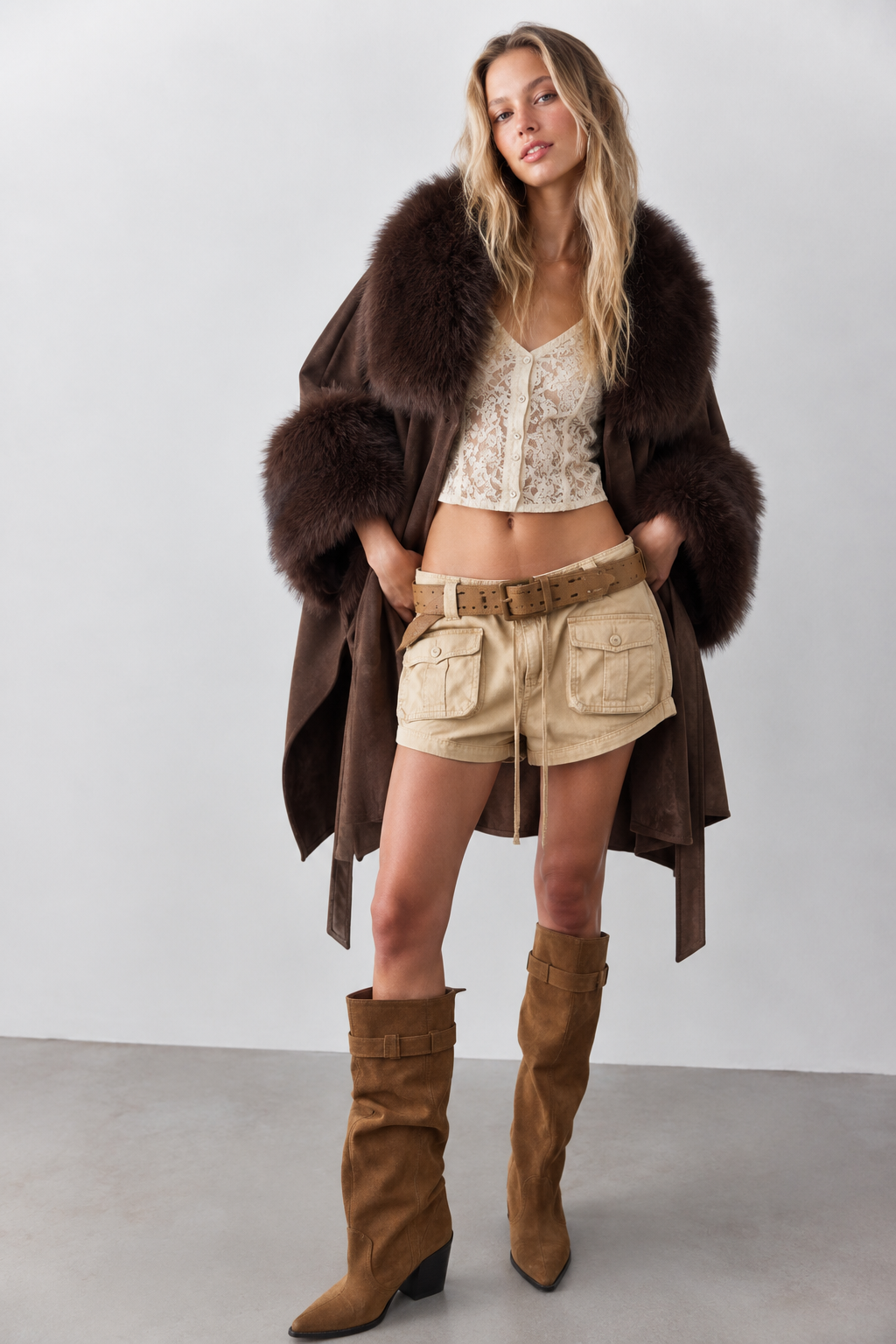 Highland Vegan Fur Neck Toggle Suede Belted Cape - BROWN  (OS) (Pack of 6)