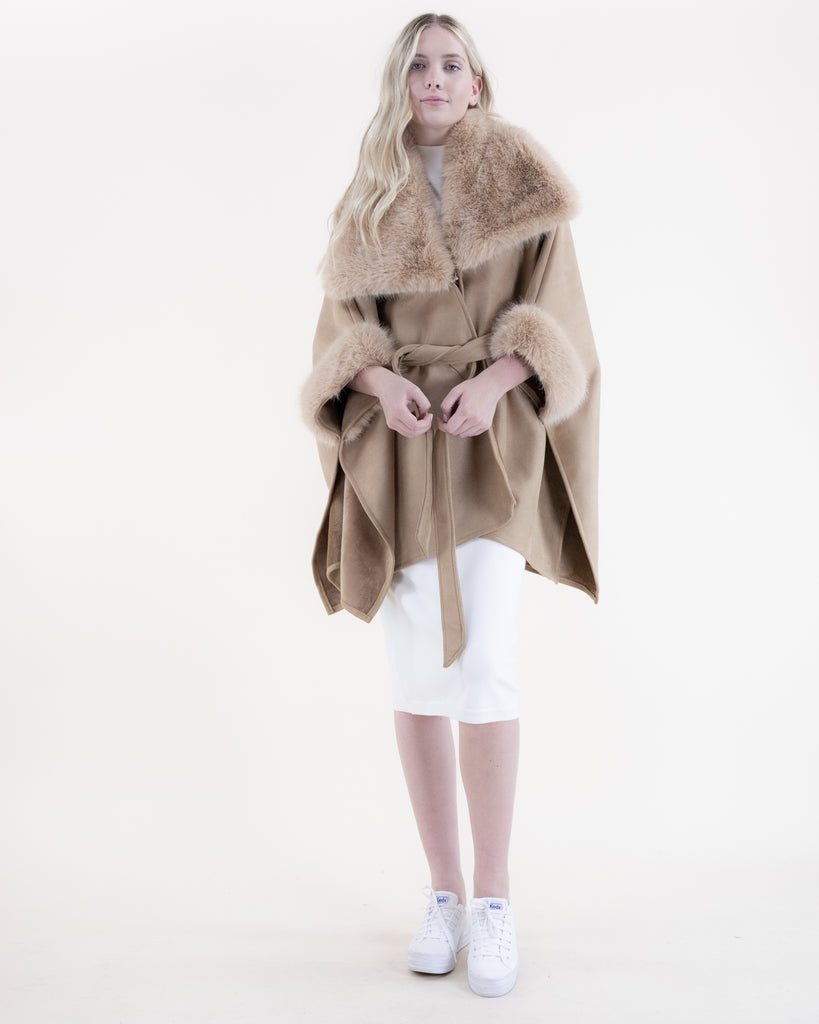 Suede Belted Cape w/ Wide Vegan Fur Collar and Cuffs - TAN (OS) (Pack of 6)
