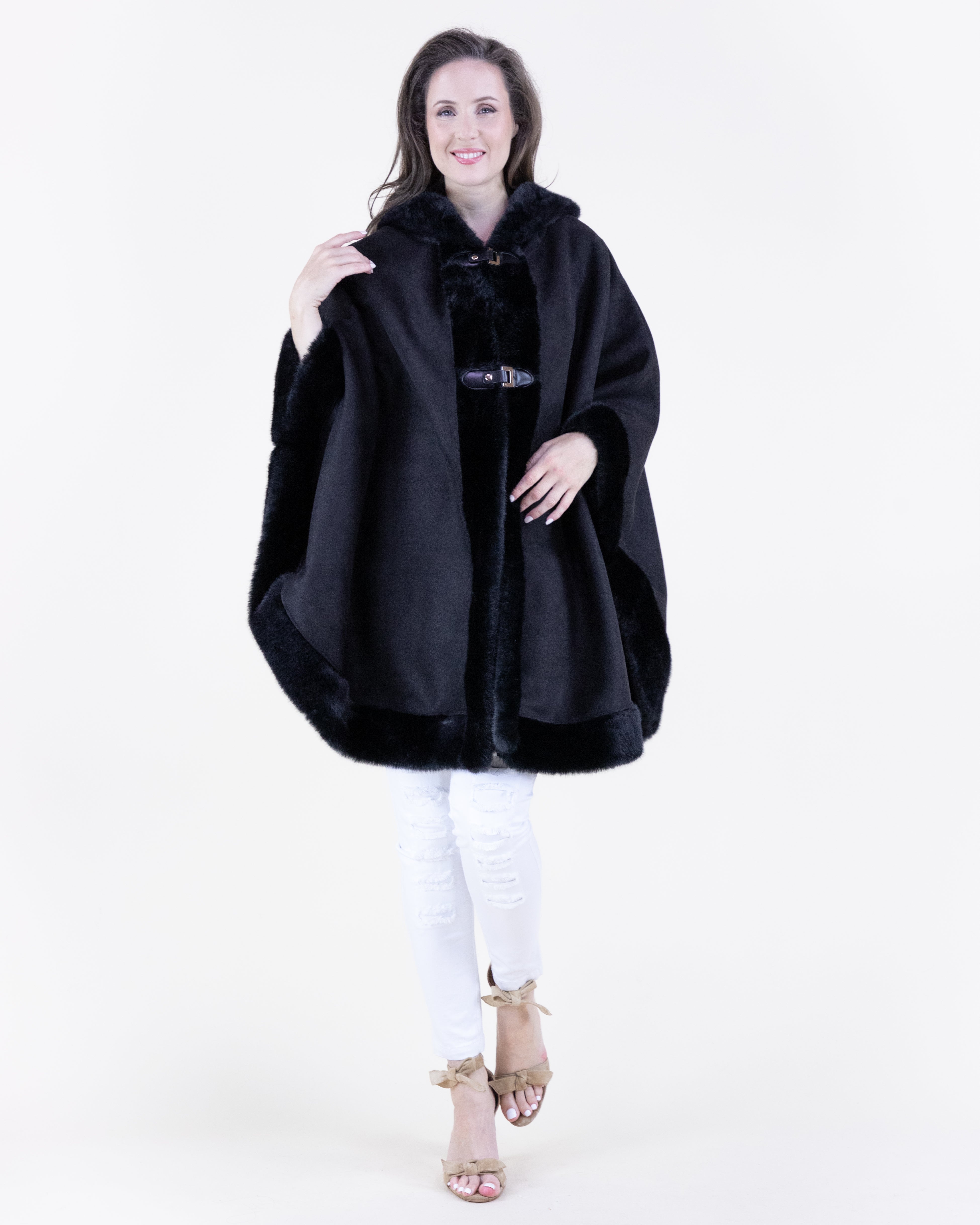 Vegan Suede & Fur Trim Hooded Cape w/ Buckles - KHAKI (OS) (Pack of 6)