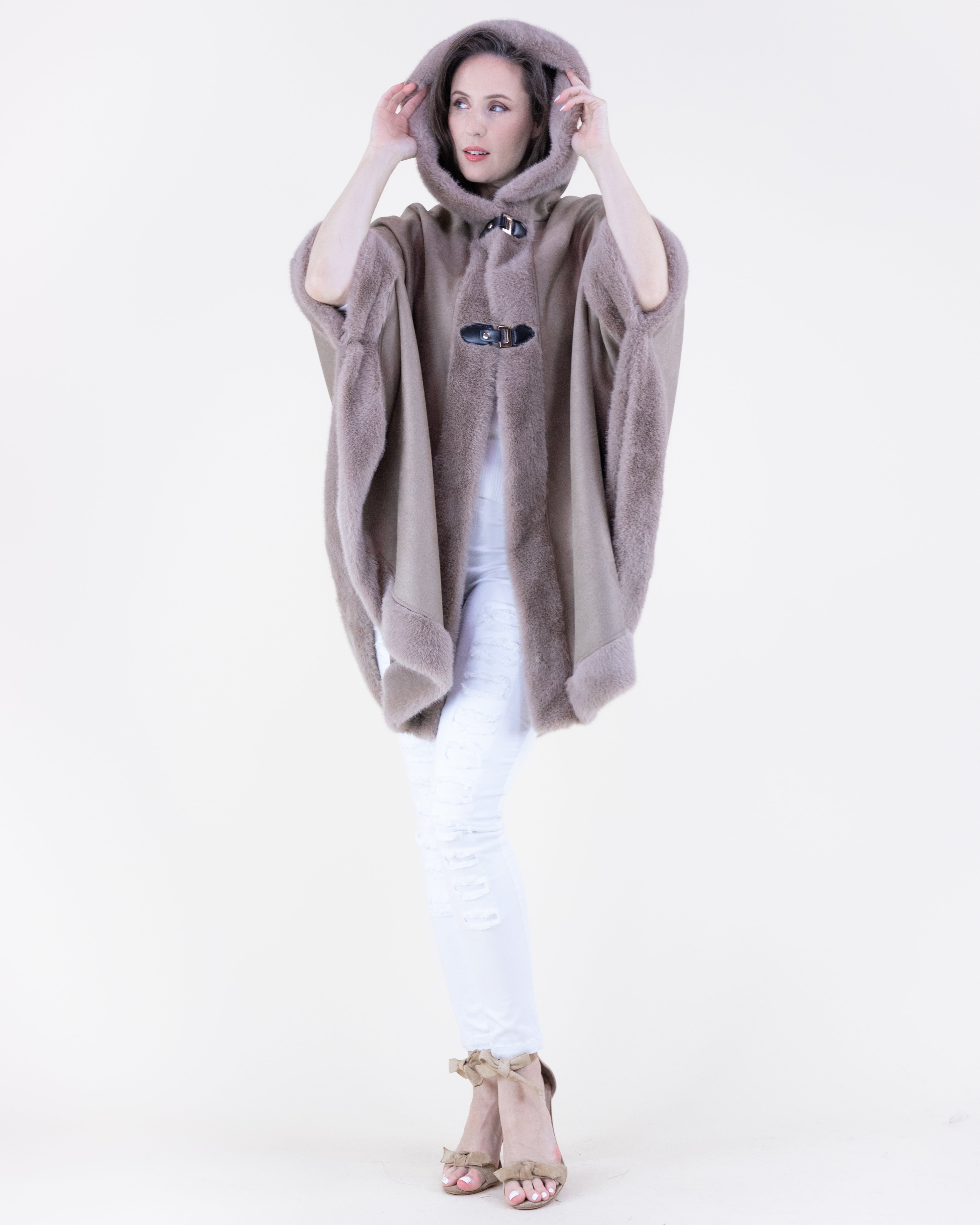 Vegan Suede & Fur Trim Hooded Cape w/ Buckles - KHAKI (OS) (Pack of 6)