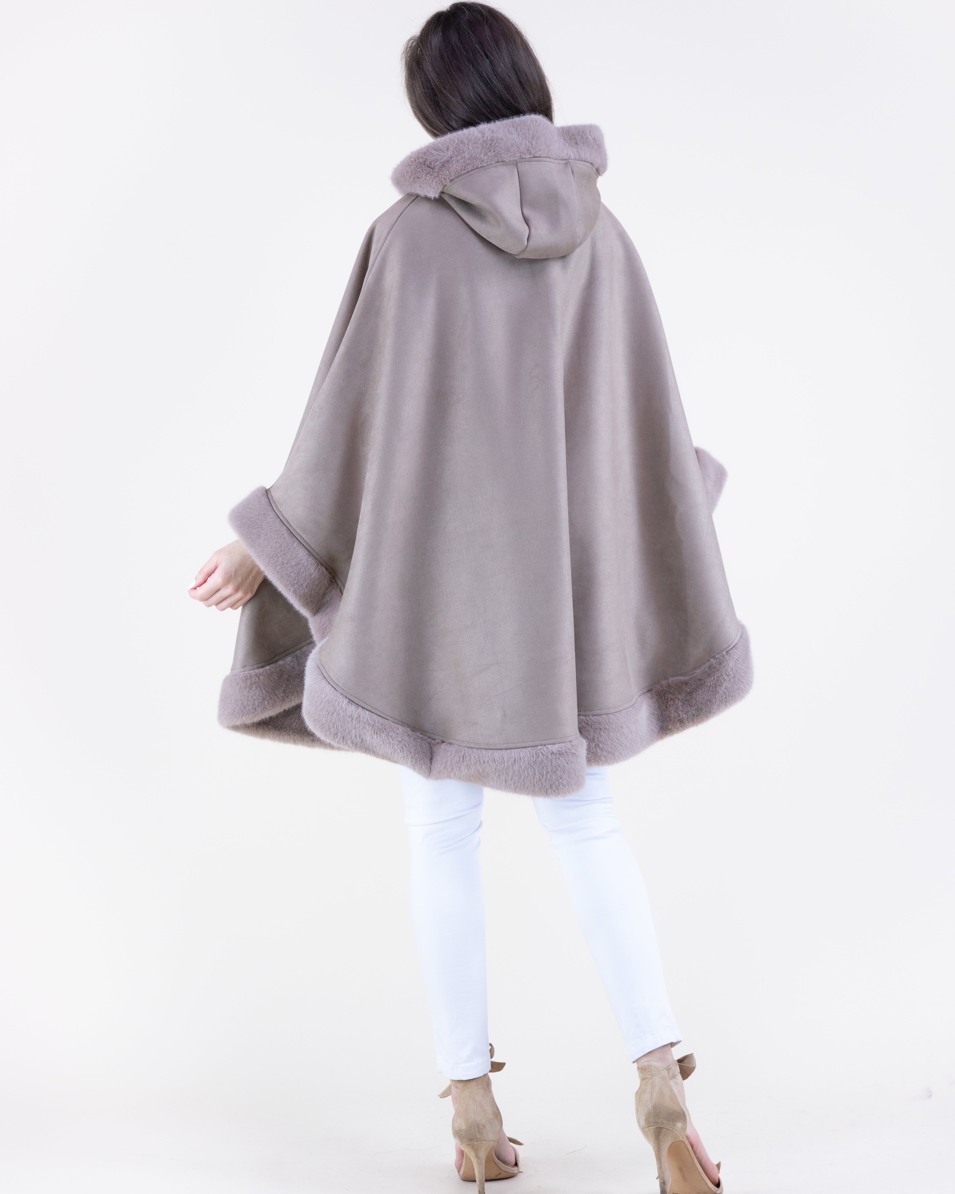 Vegan Suede & Fur Trim Hooded Cape w/ Buckles - KHAKI (OS) (Pack of 6)