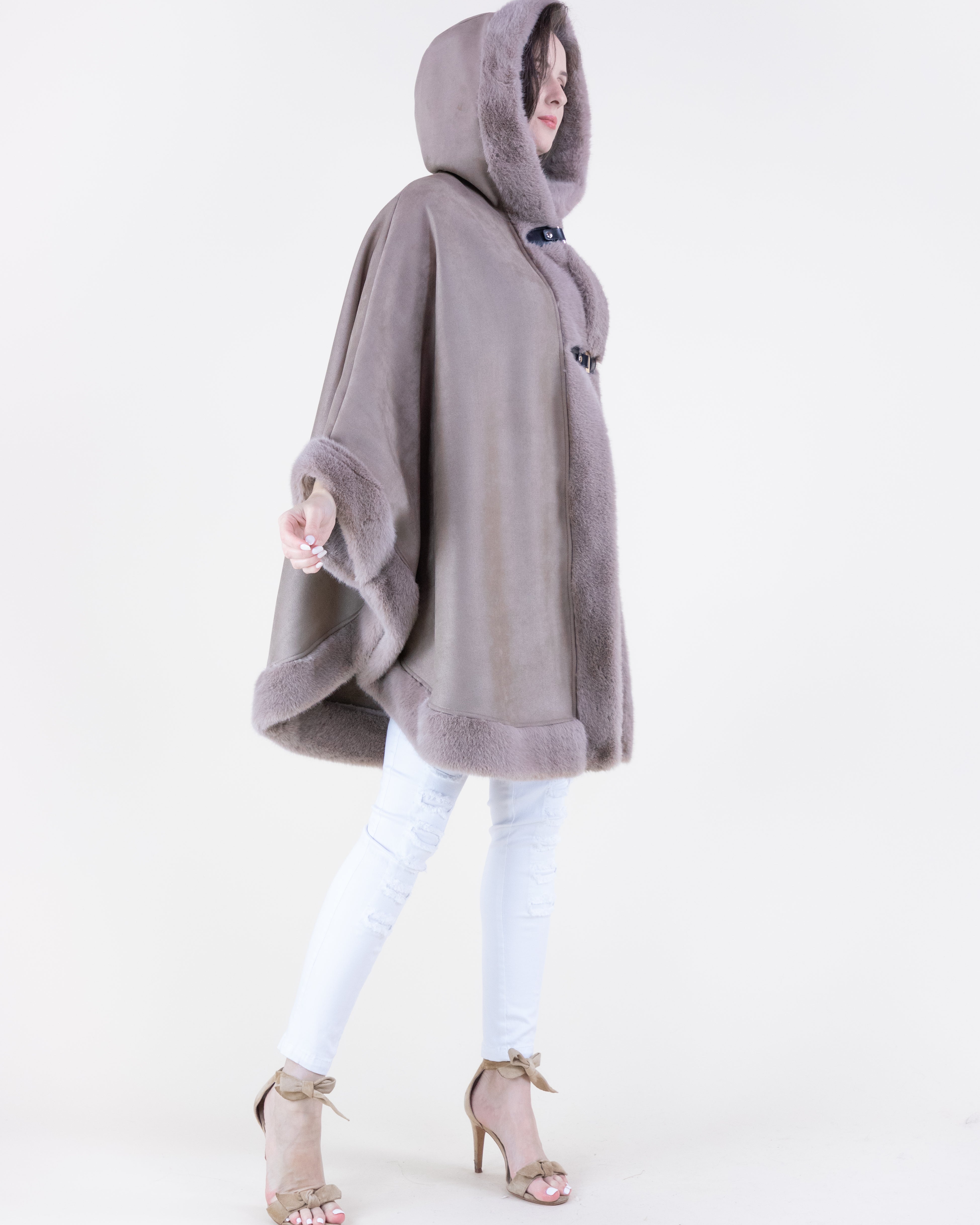 Vegan Suede & Fur Trim Hooded Cape w/ Buckles - KHAKI (OS) (Pack of 6)