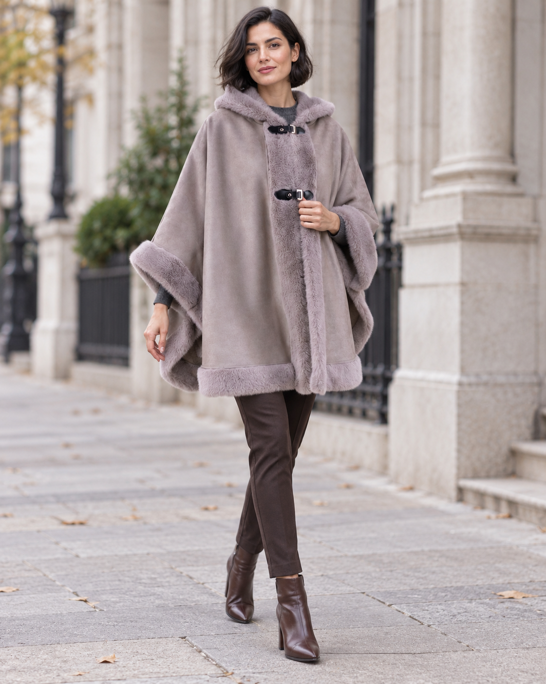 Vegan Suede & Fur Trim Hooded Cape w/ Buckles - KHAKI (OS) (Pack of 6)