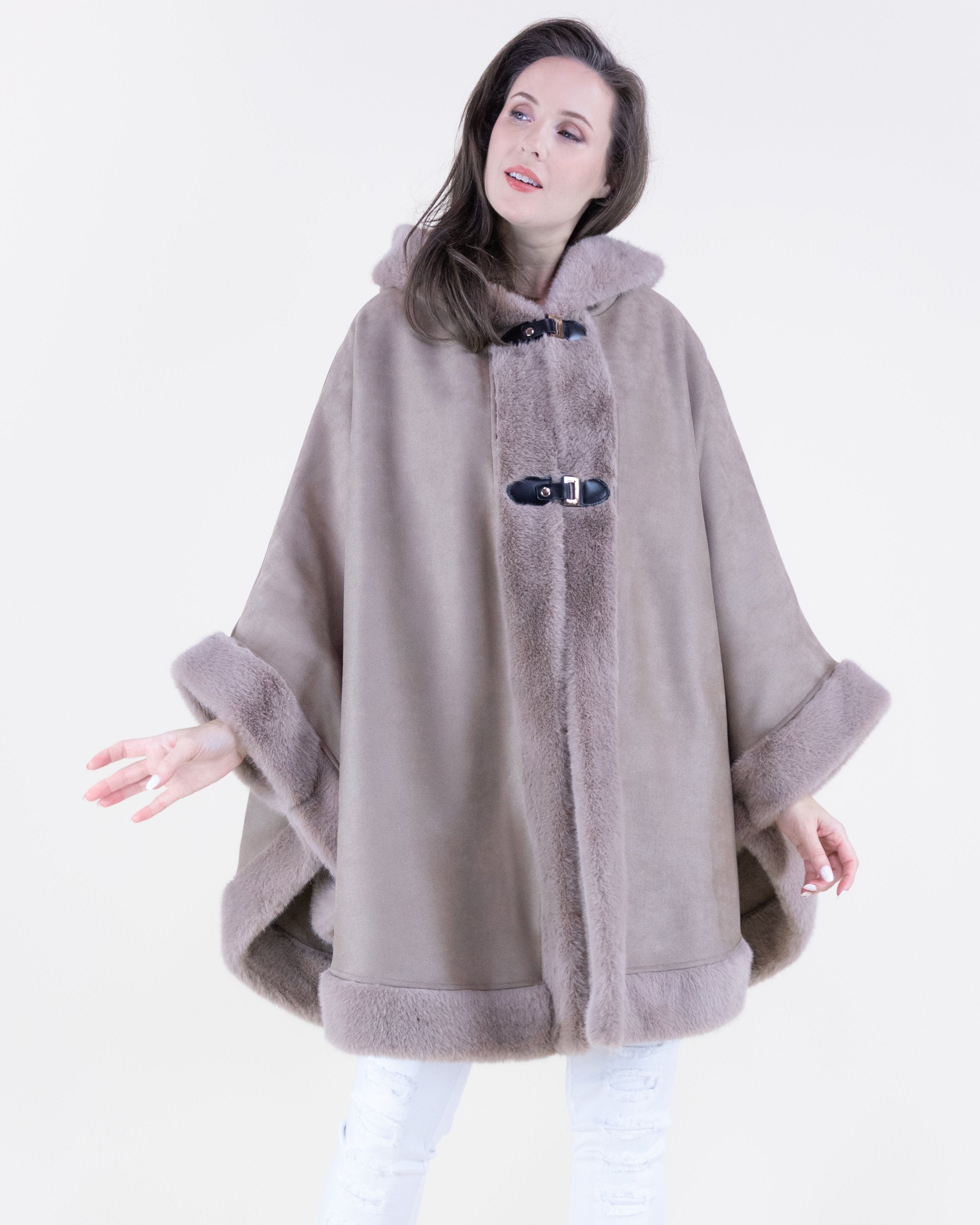Vegan Suede & Fur Trim Hooded Cape w/ Buckles - KHAKI (OS) (Pack