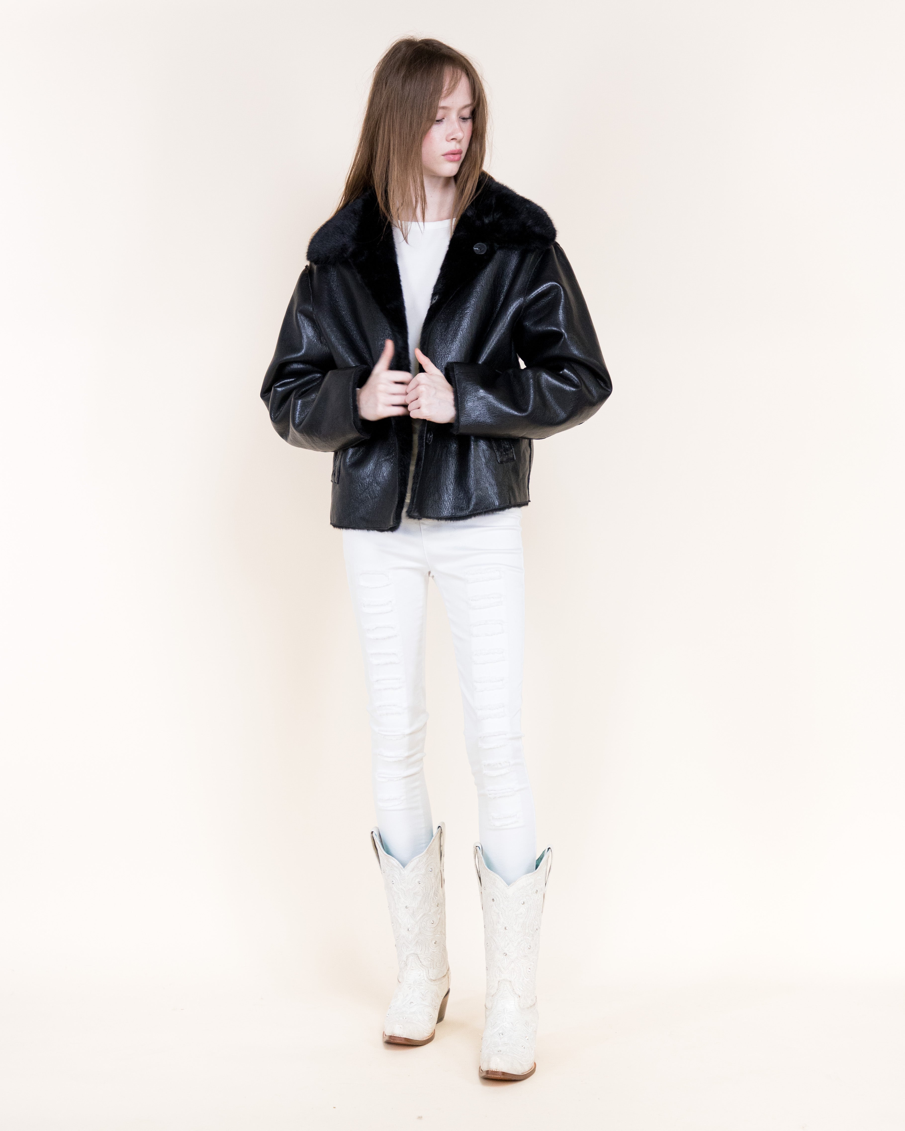 Aviatrice Reversible Button Vegan Leather Fur Jacket-BROWN (S/M, L/XL) (Pack of 6)