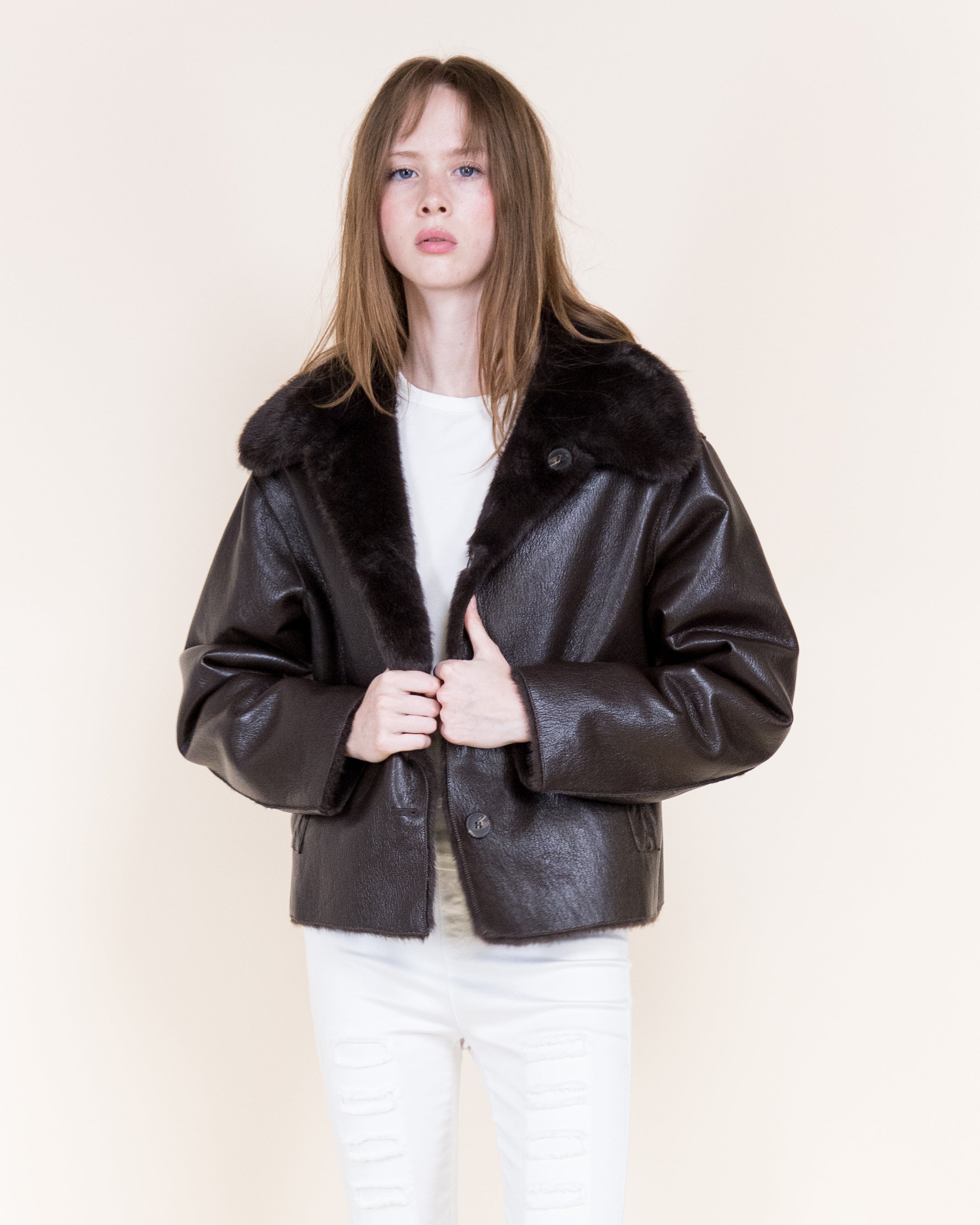 Aviatrice Reversible Button Vegan Leather Fur Jacket-BROWN (S/M, L/XL) (Pack of 6)