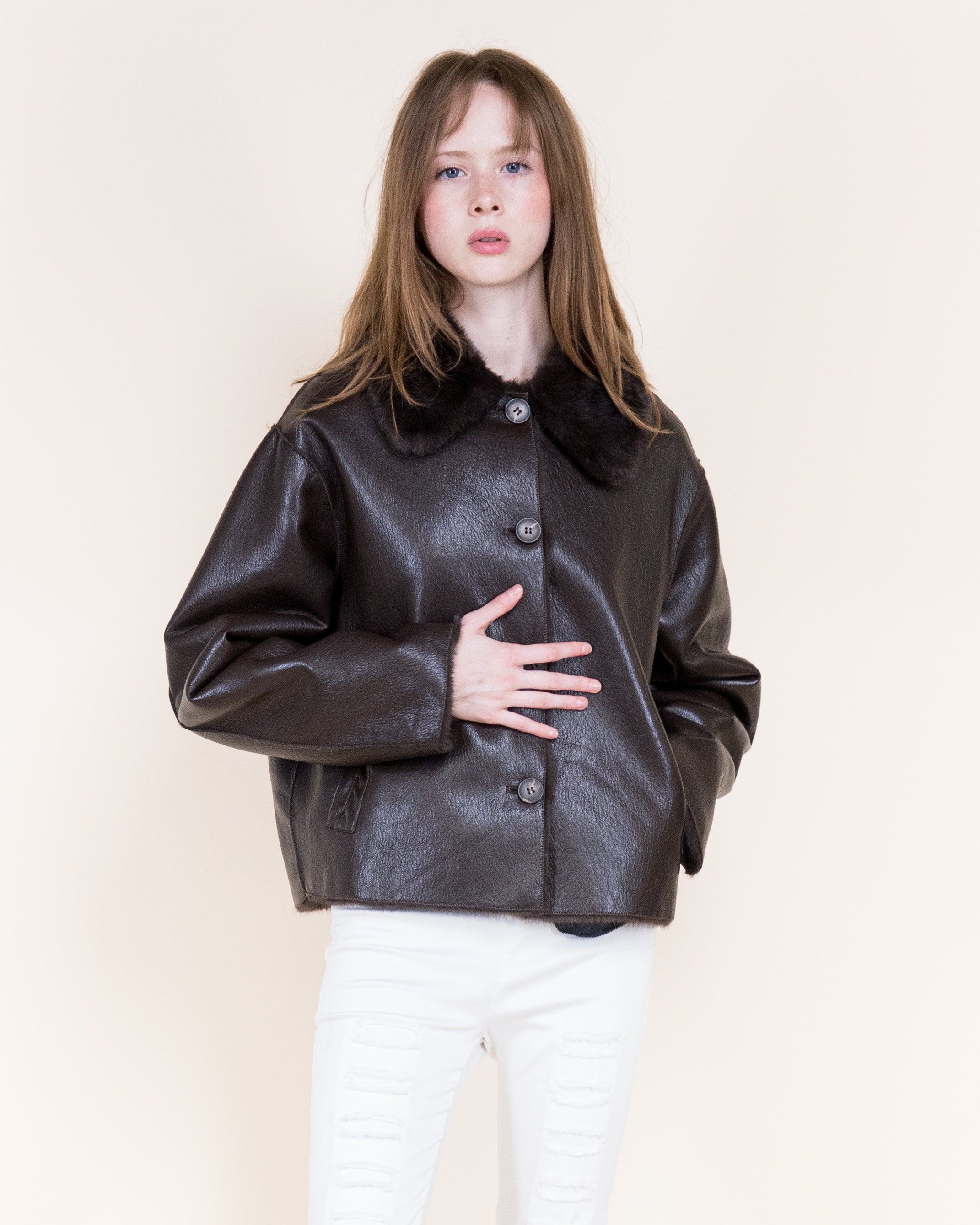 Aviatrice Reversible Button Vegan Leather Fur Jacket-BROWN (S/M, L/XL) (Pack of 6)