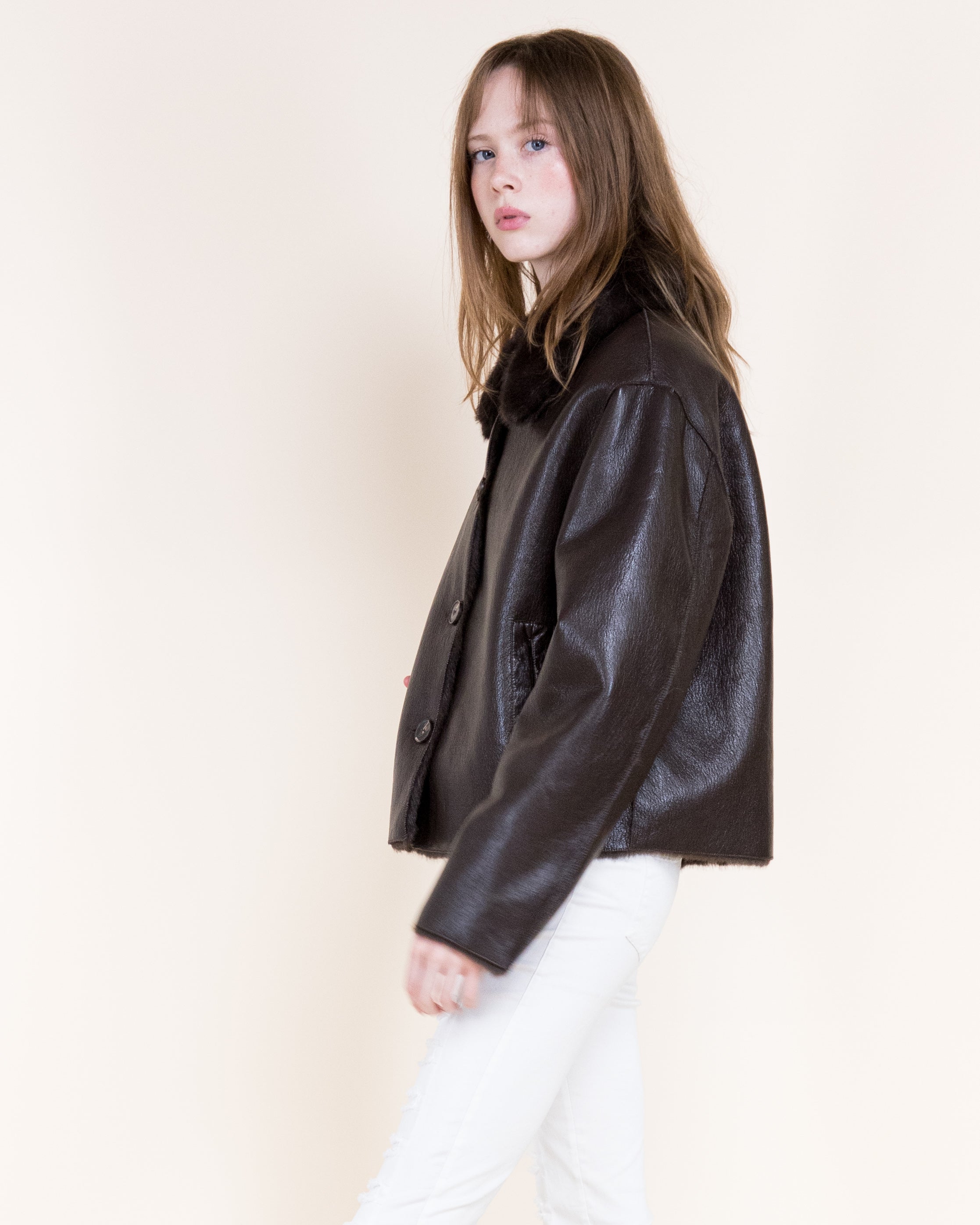 Aviatrice Reversible Button Vegan Leather Fur Jacket-BROWN (S/M, L/XL) (Pack of 6)