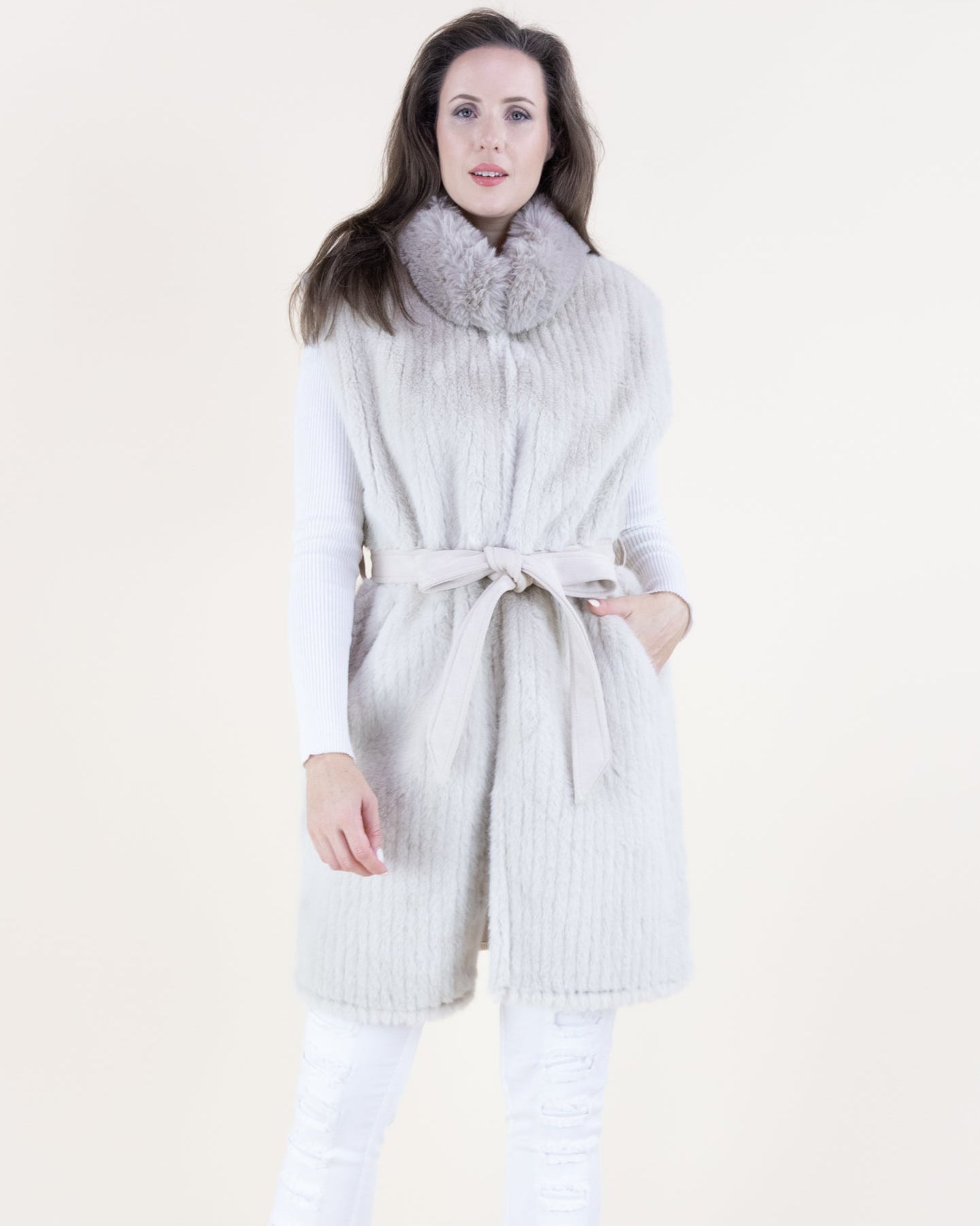 Vertical Ribbed Faux Fur Belted Vest - BEIGE (OS) (Pack of 6)