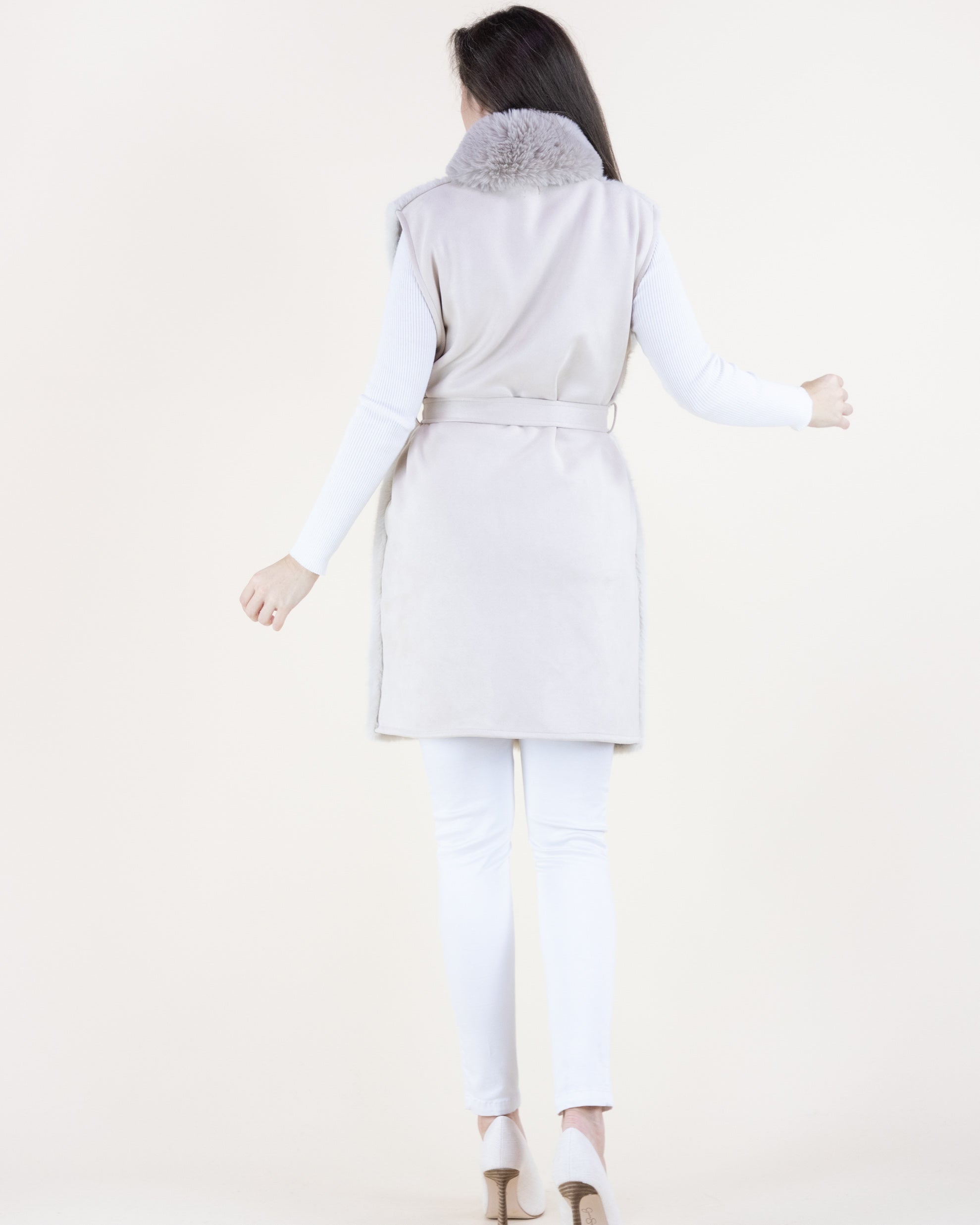 Vertical Ribbed Faux Fur Belted Vest - BEIGE (OS) (Pack of 6)