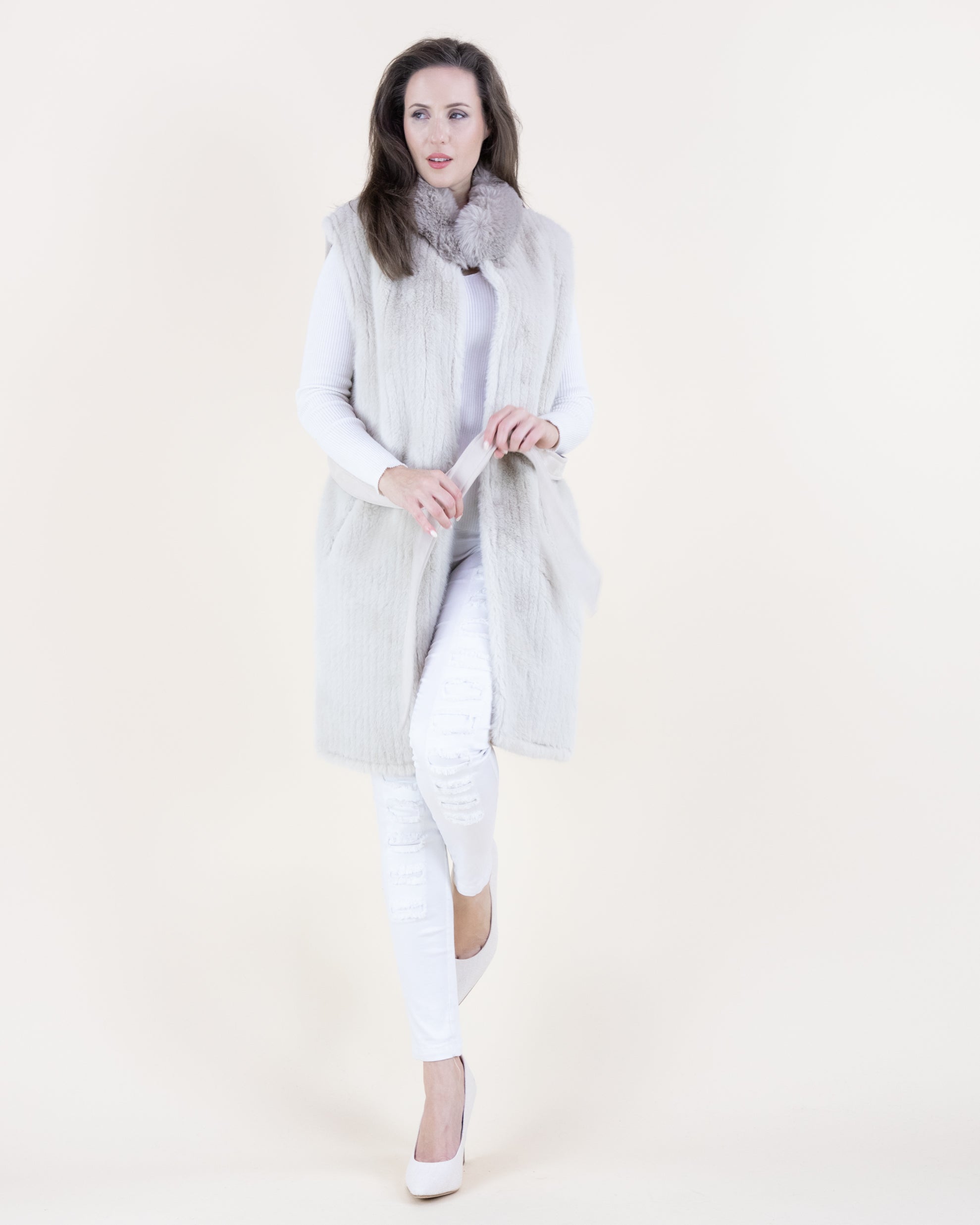 Vertical Ribbed Faux Fur Belted Vest - BEIGE (OS) (Pack of 6)