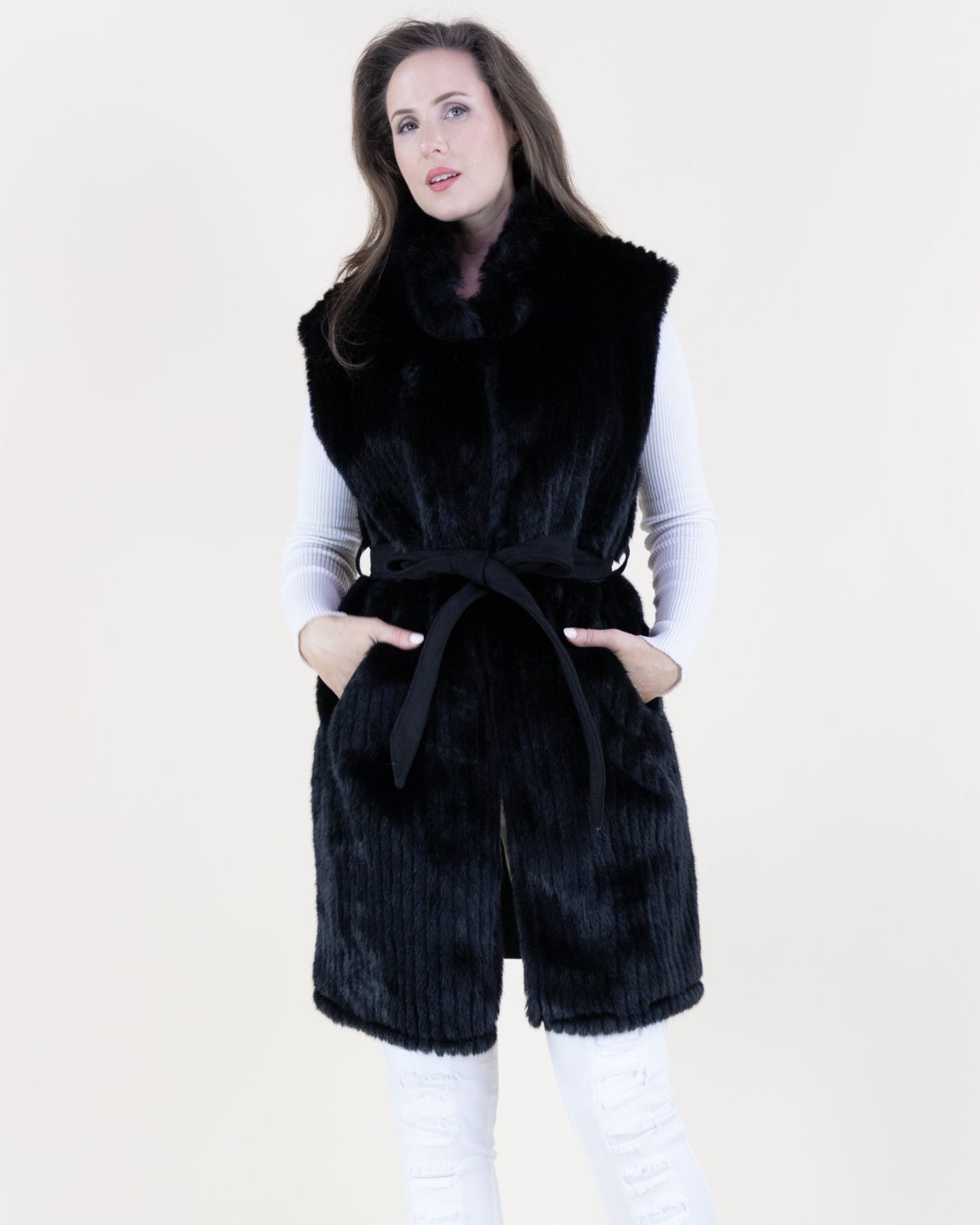 Vertical Ribbed Faux Fur Belted Vest - BEIGE (OS) (Pack of 6)