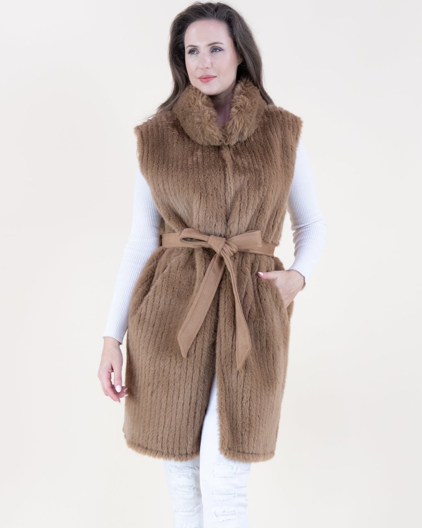 Vertical Ribbed Faux Fur Belted Vest - BEIGE (OS) (Pack of 6)
