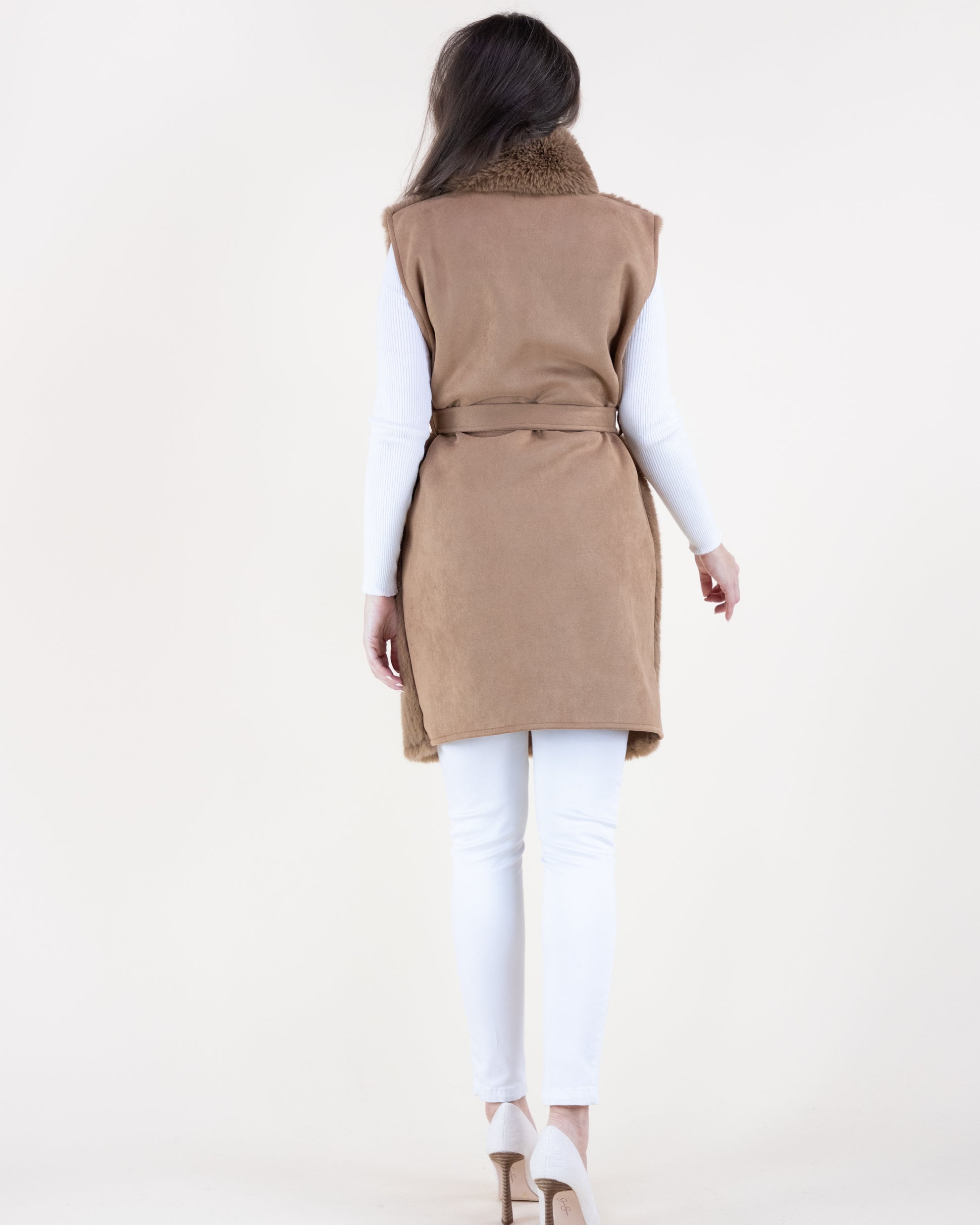 Vertical Ribbed Faux Fur Belted Vest - BEIGE (OS) (Pack of 6)