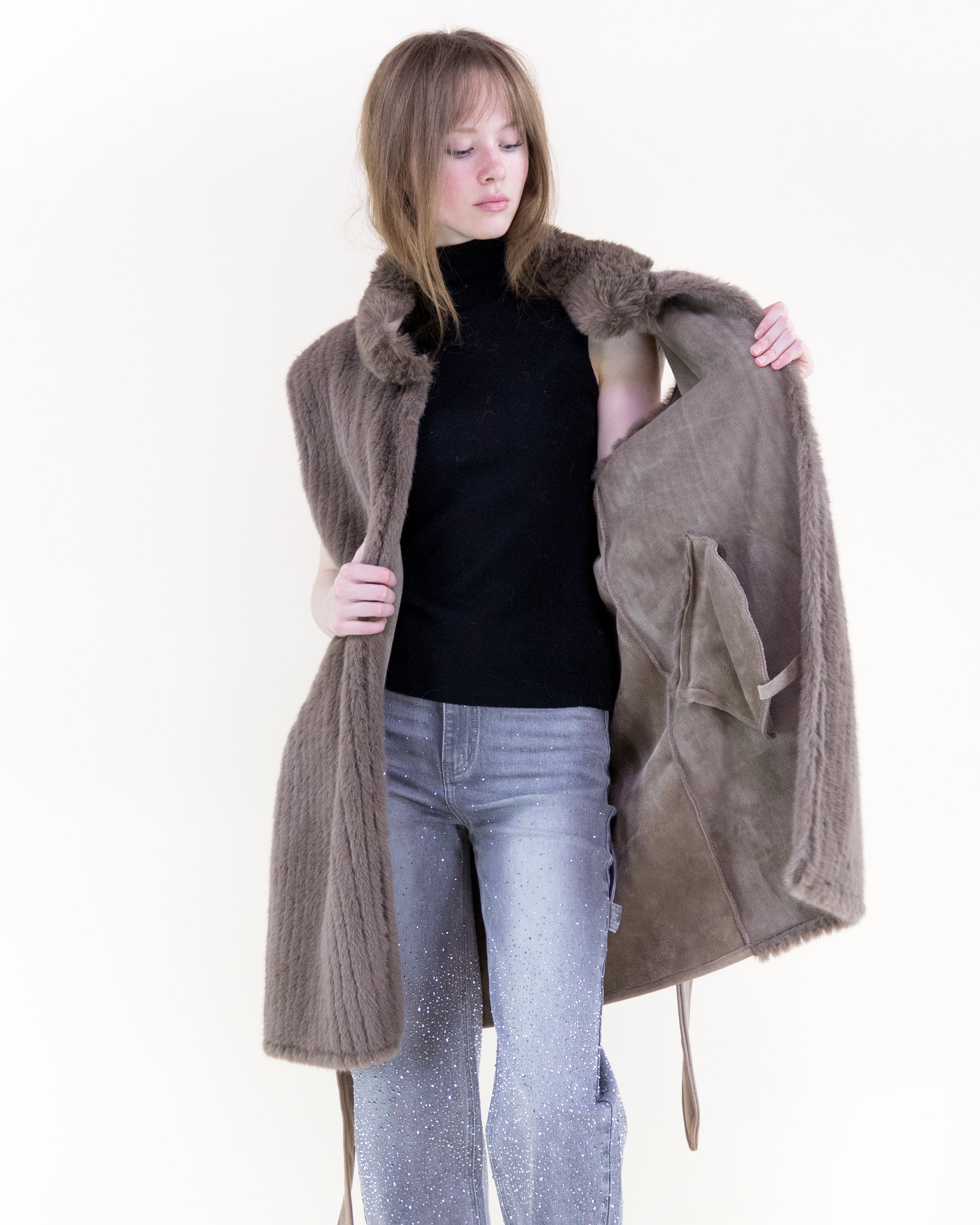 Vertical Ribbed Faux Fur Belted Vest - BEIGE (OS) (Pack of 6)