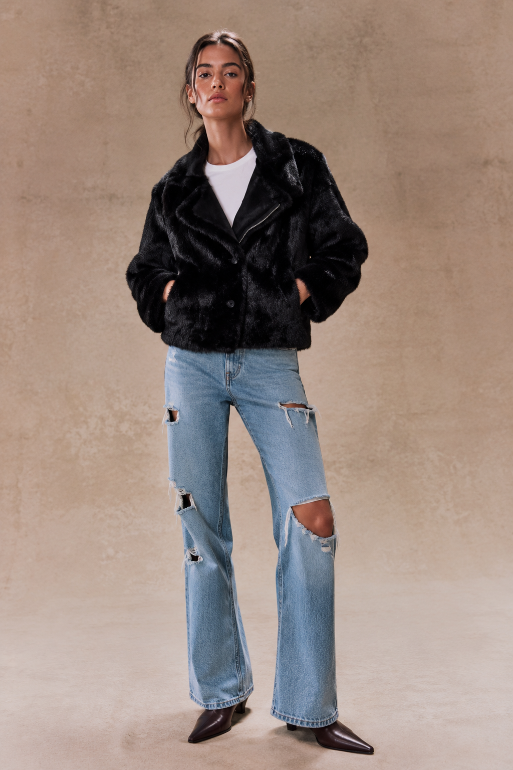 Aviatrice Reversable Zip Button Vegan Suede Fur Jacket-BLACK (S/M, L/XL) (Pack of 6)