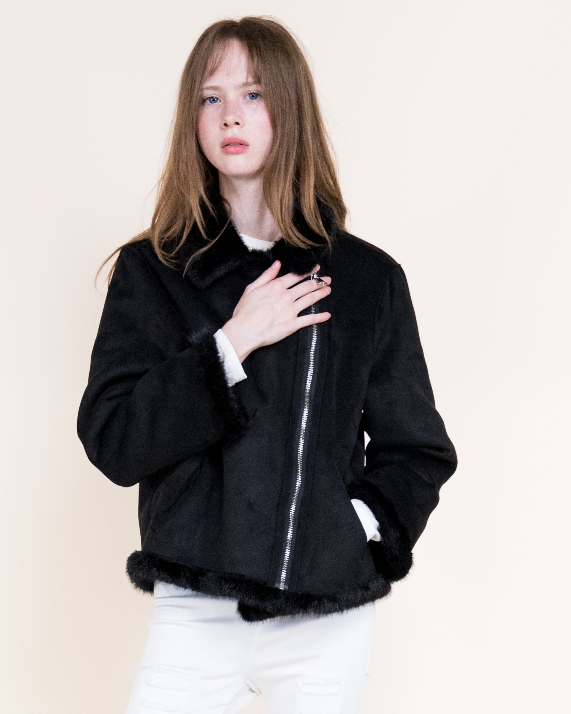 Aviatrice Reversable Zip Button Vegan Suede Fur Jacket-BLACK (S/M, L/XL) (Pack of 6)
