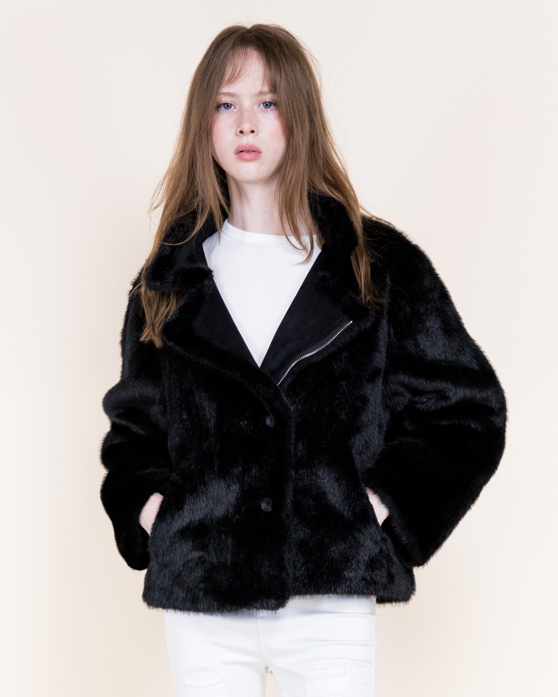Aviatrice Reversable Zip Button Vegan Suede Fur Jacket-BLACK (S/M, L/XL) (Pack of 6)