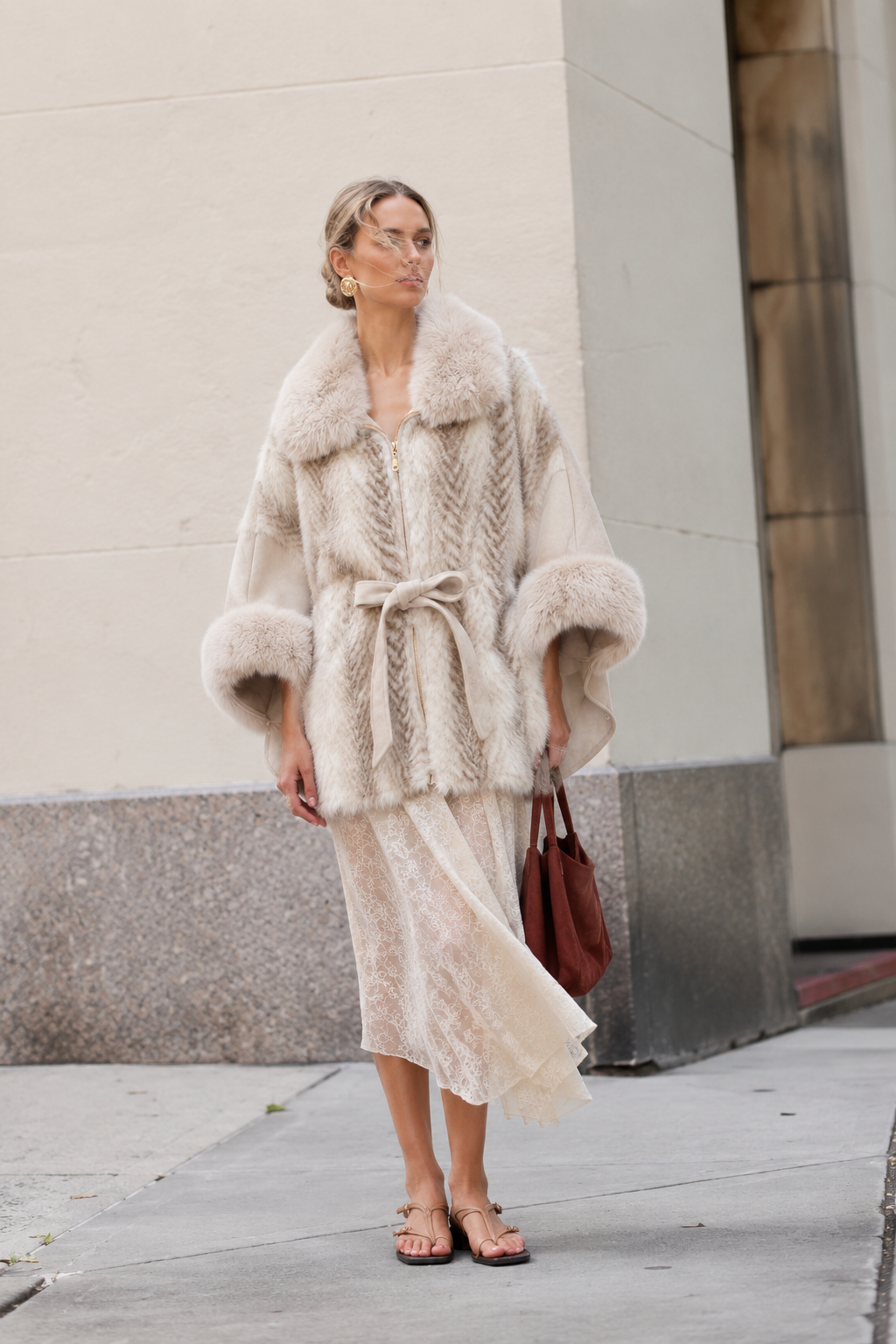 Herringbone Vegan Fur Suede Zip-Up Cape - BEIGE (OS) (Pack of 6)