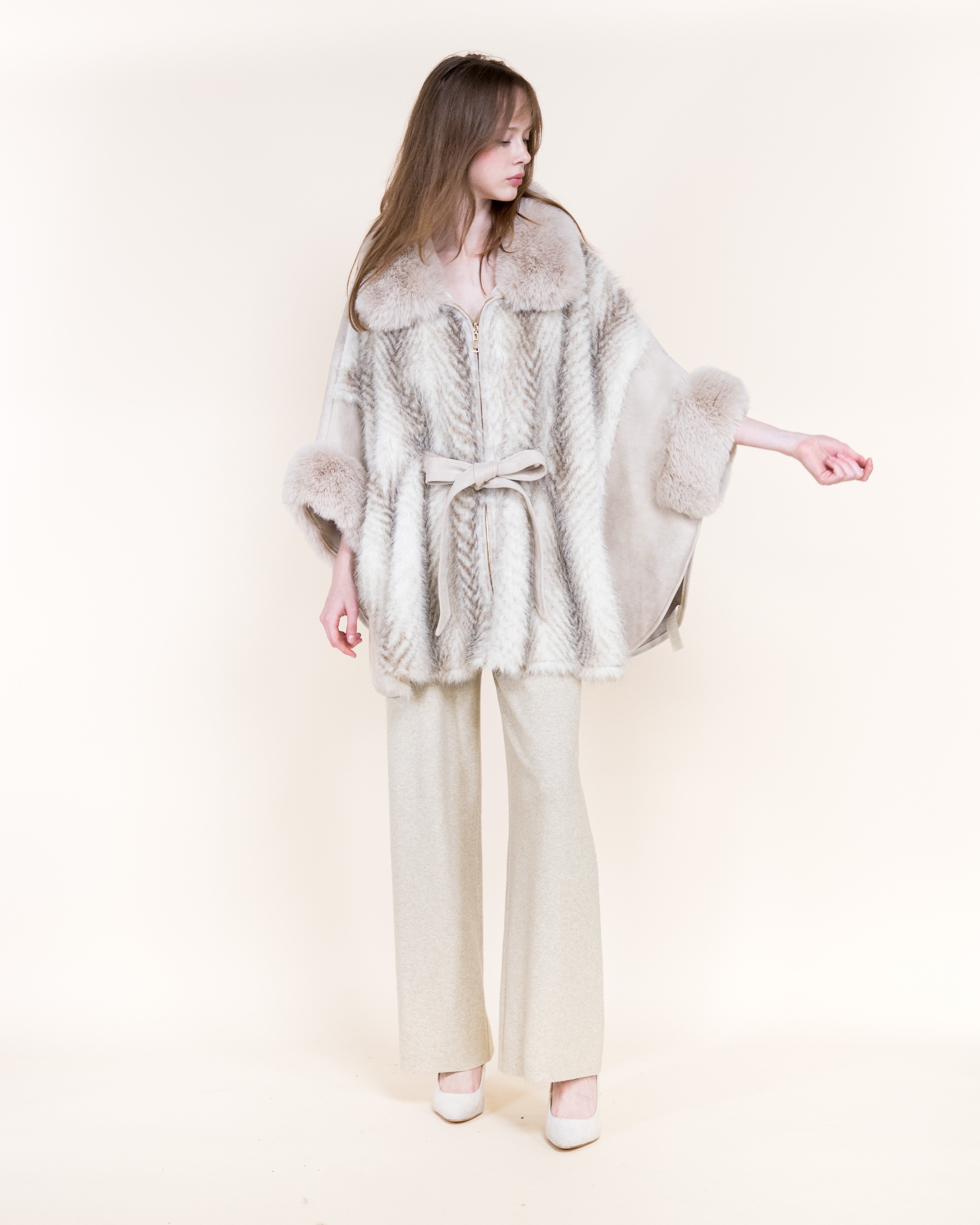 Herringbone Vegan Fur Suede Zip-Up Cape - BEIGE (OS) (Pack of 6)