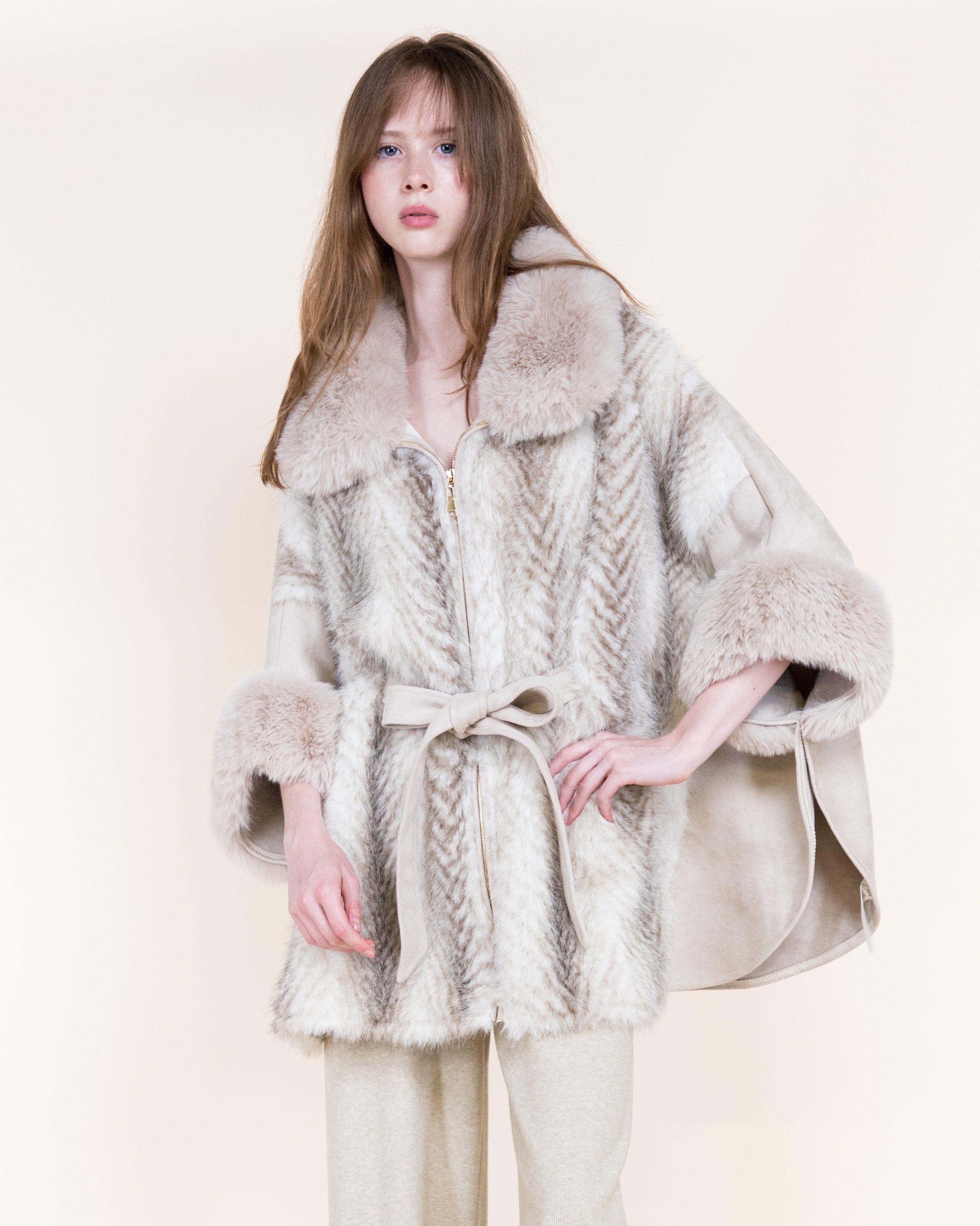 Herringbone Vegan Fur Suede Zip-Up Cape - BEIGE (OS) (Pack of 6)