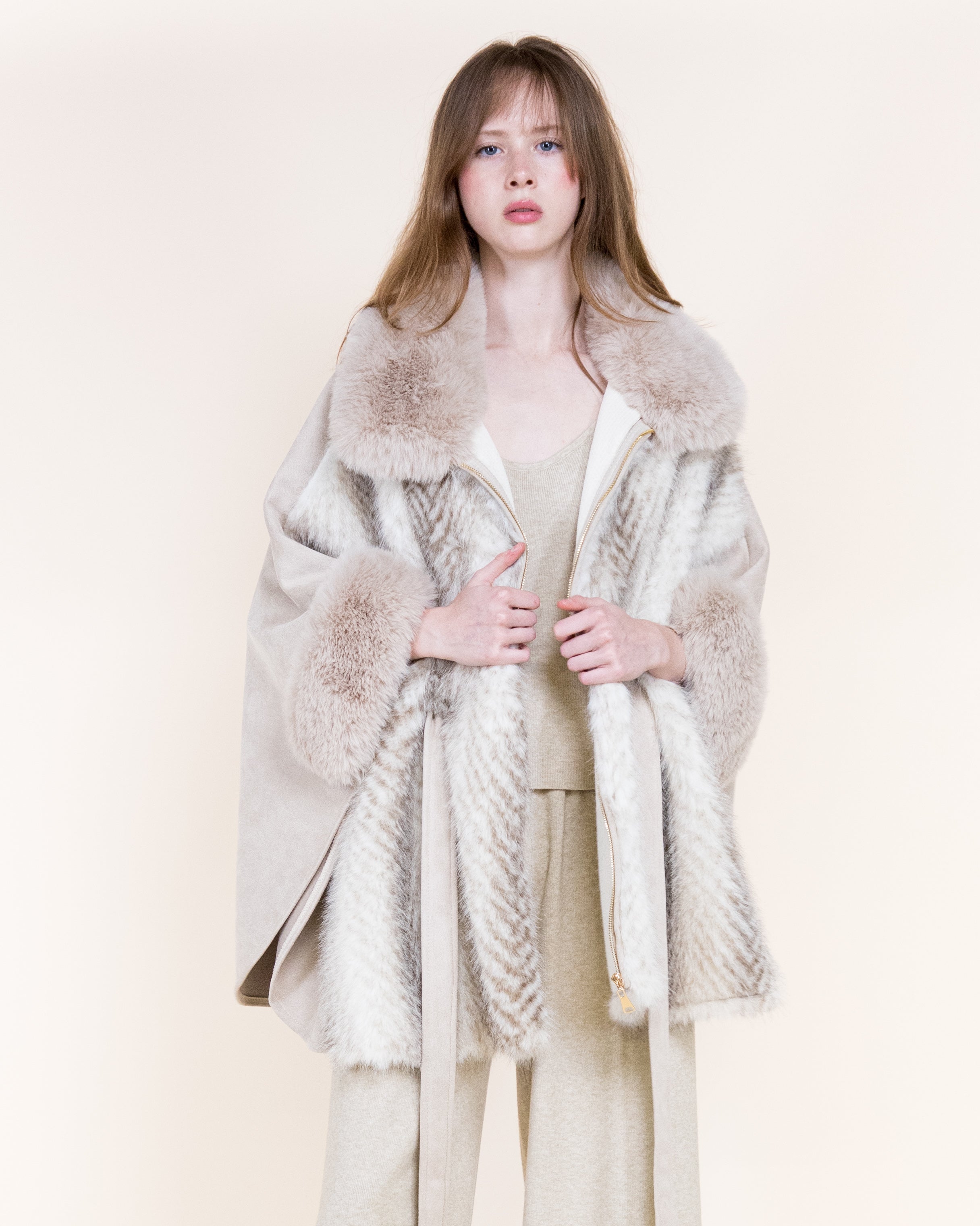 Herringbone Vegan Fur Suede Zip-Up Cape - BEIGE (OS) (Pack of 6)