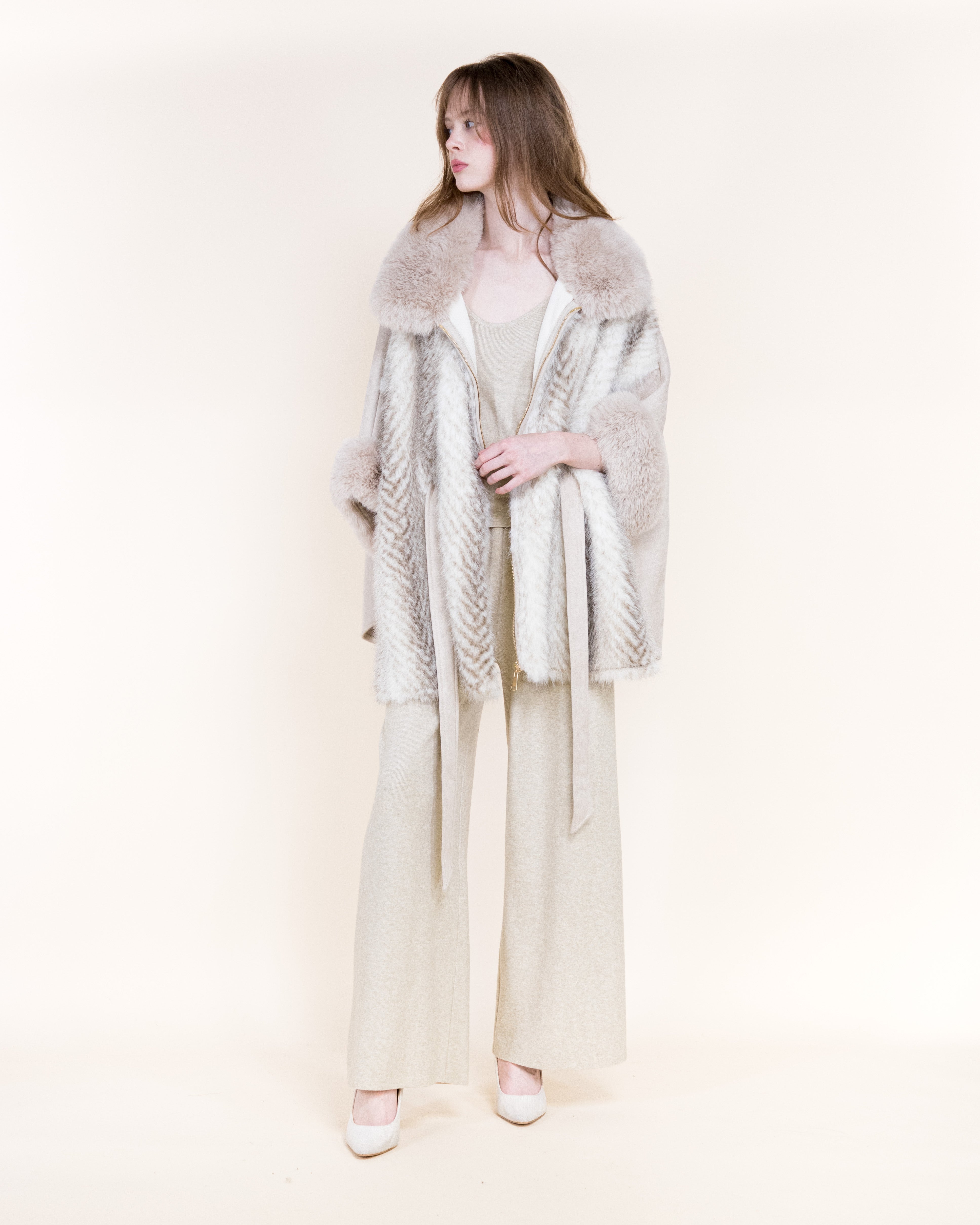 Herringbone Vegan Fur Suede Zip-Up Cape - BEIGE (OS) (Pack of 6)