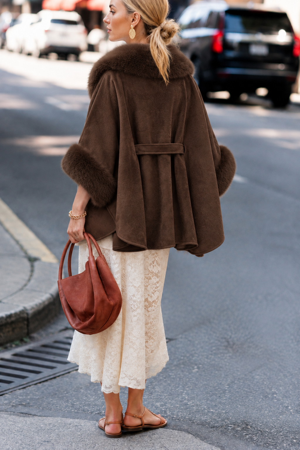 Herringbone Vegan Fur Suede Zip-Up Cape - BROWN (OS) (Pack of 6)