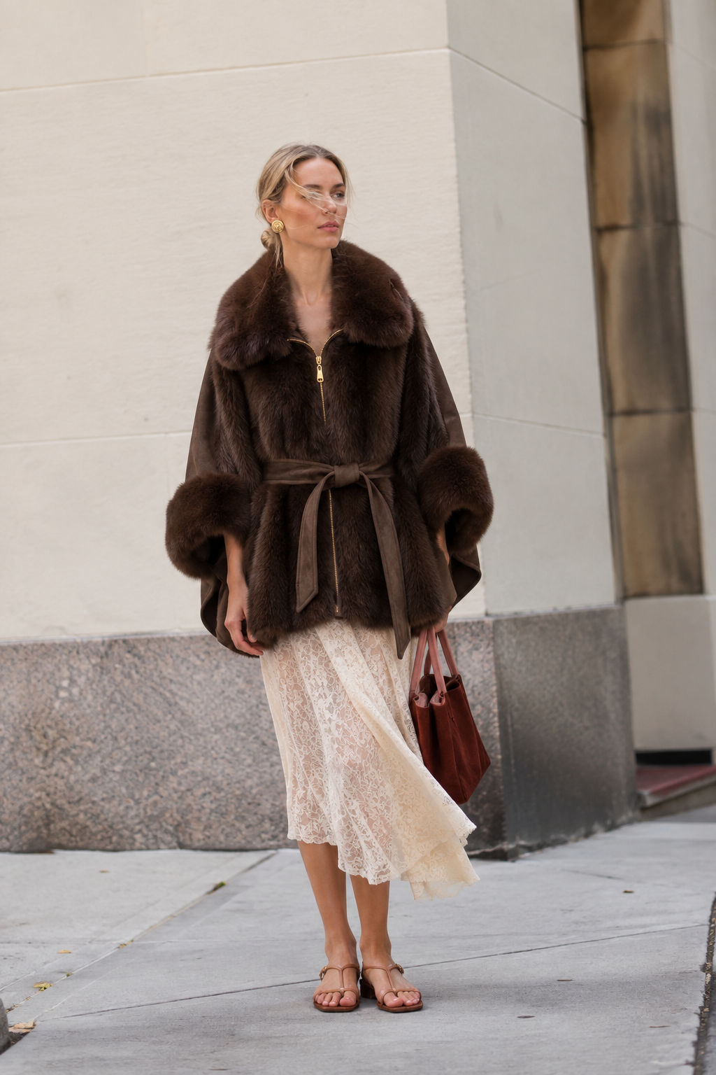 Herringbone Vegan Fur Suede Zip-Up Cape - BROWN (OS) (Pack of 6)