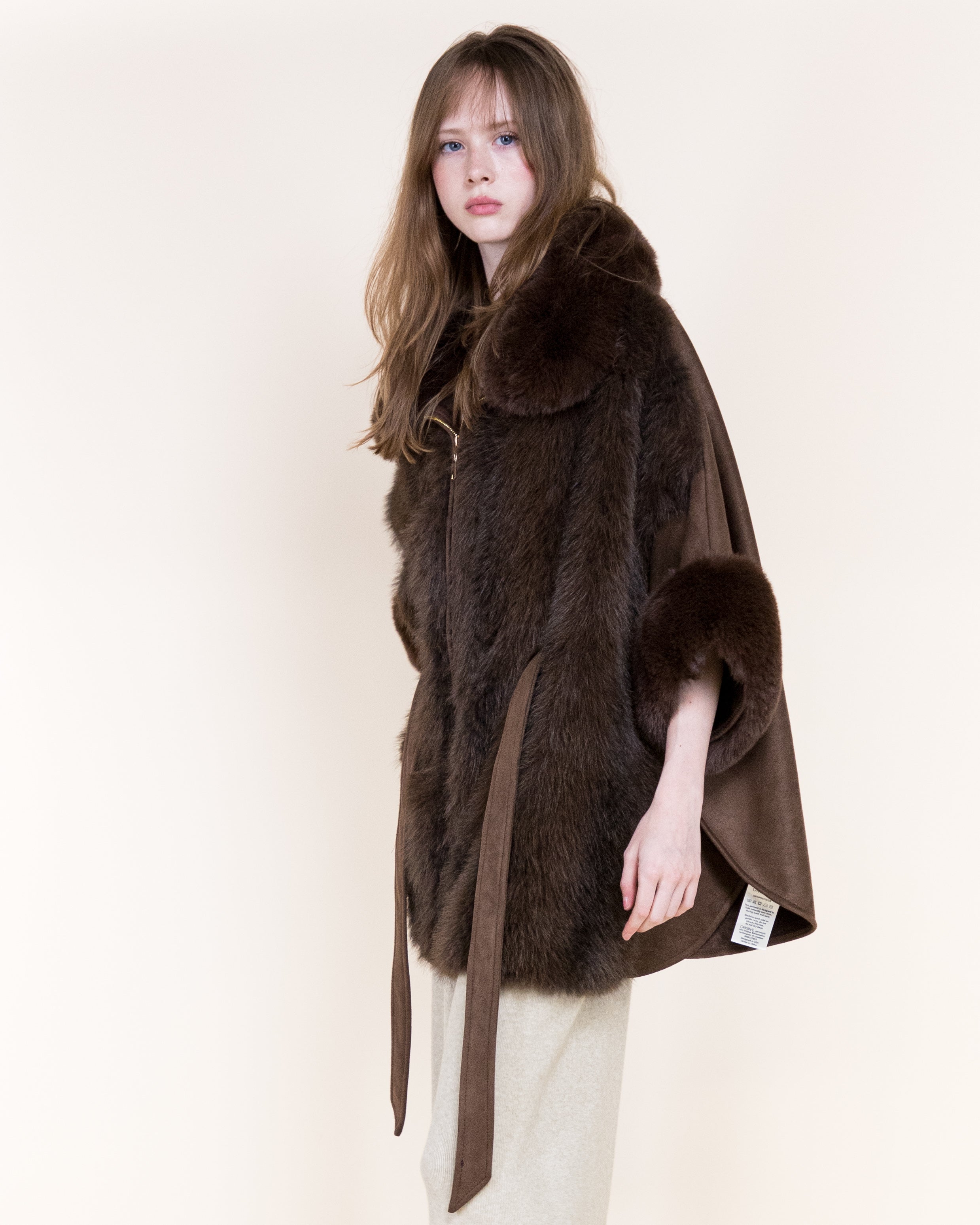 Herringbone Vegan Fur Suede Zip-Up Cape - BEIGE (OS) (Pack of 6)