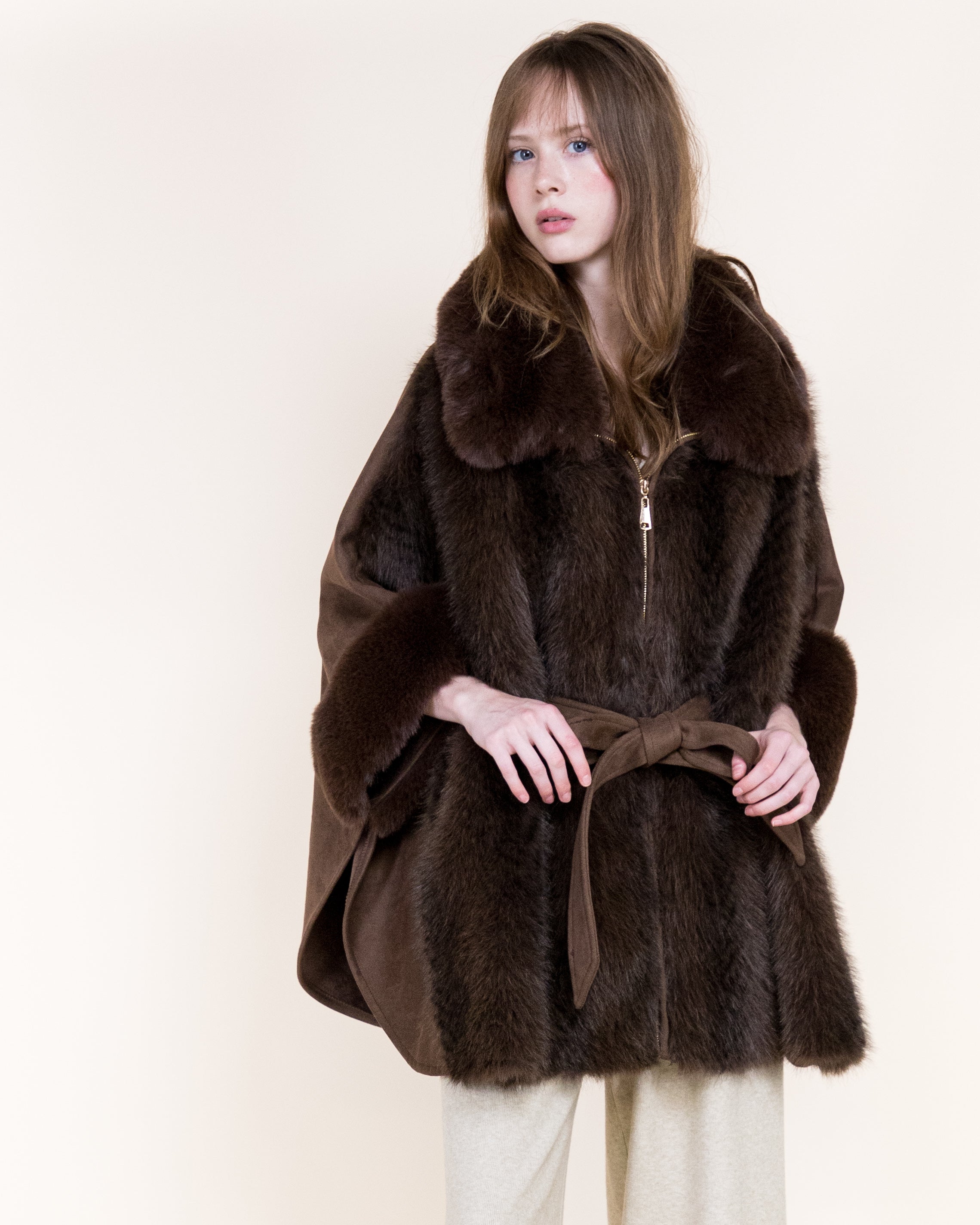Herringbone Vegan Fur Suede Zip-Up Cape - BEIGE (OS) (Pack of 6)