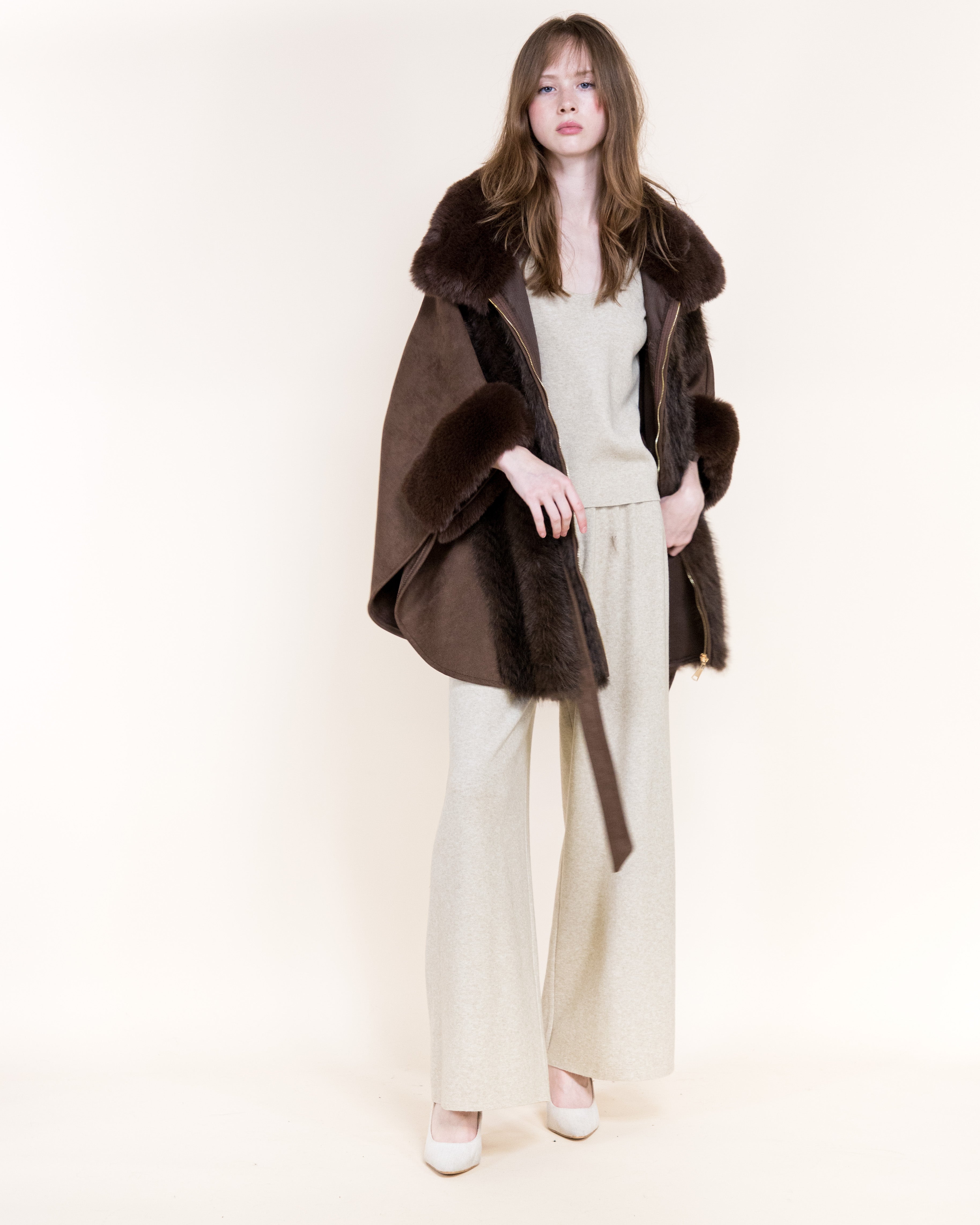 Herringbone Vegan Fur Suede Zip-Up Cape - BEIGE (OS) (Pack of 6)