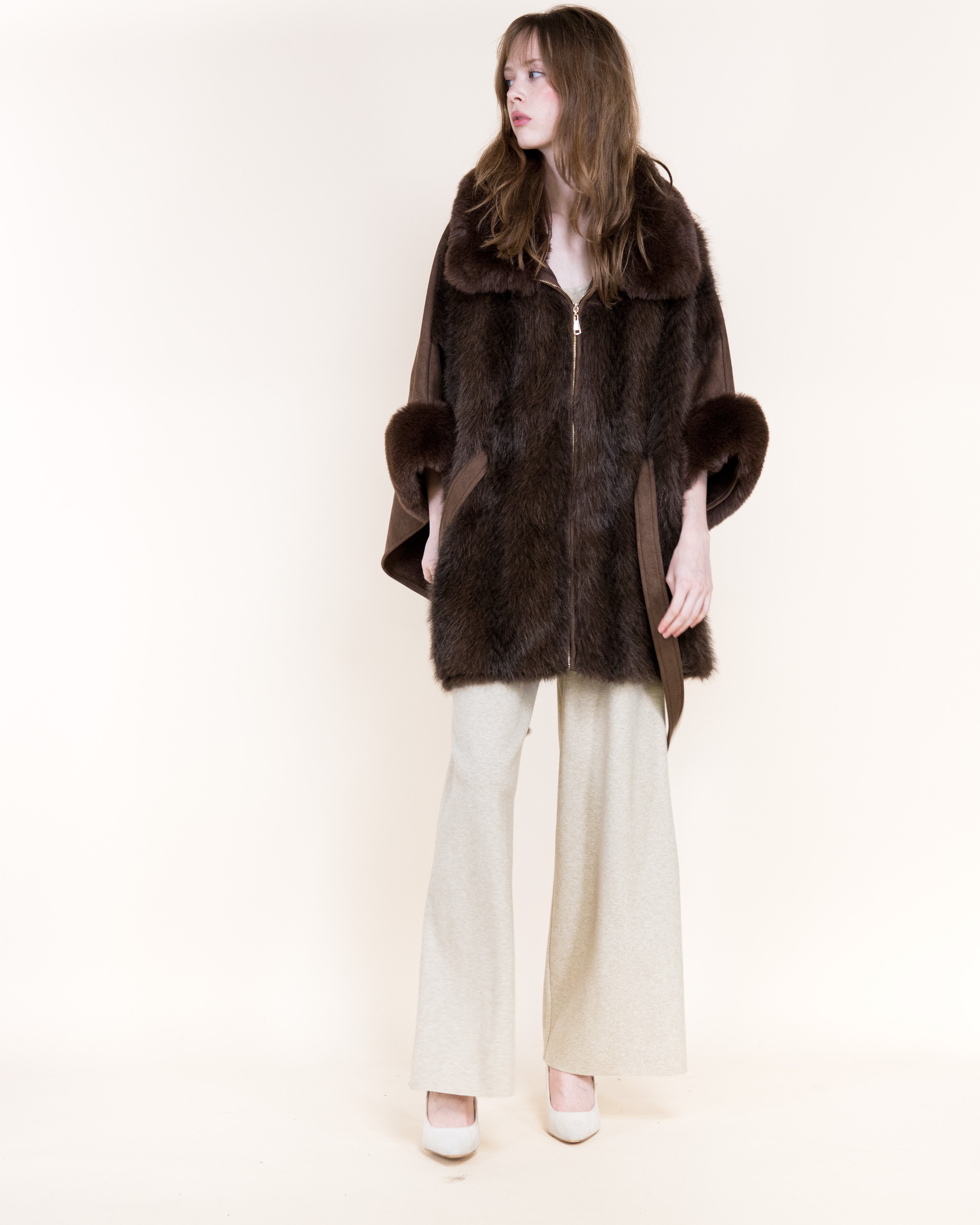 Herringbone Vegan Fur Suede Zip-Up Cape - BEIGE (OS) (Pack of 6)