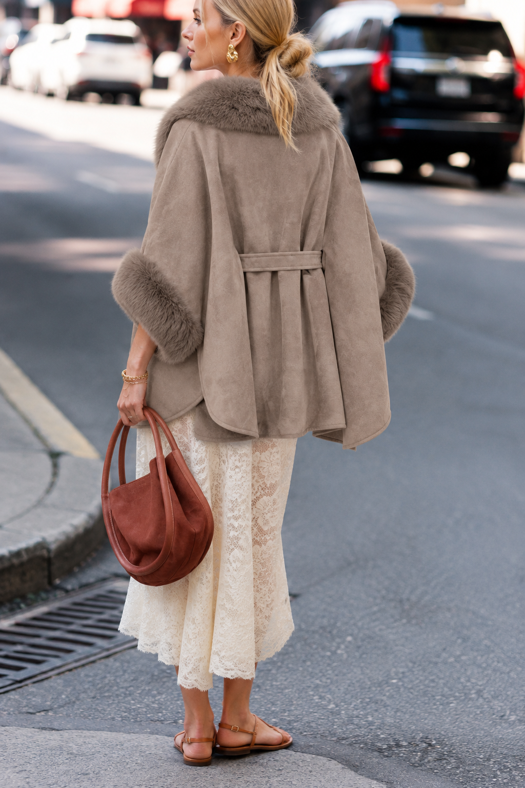 Herringbone Vegan Fur Suede Zip-Up Cape - KHAKI (OS) (Pack of 6)