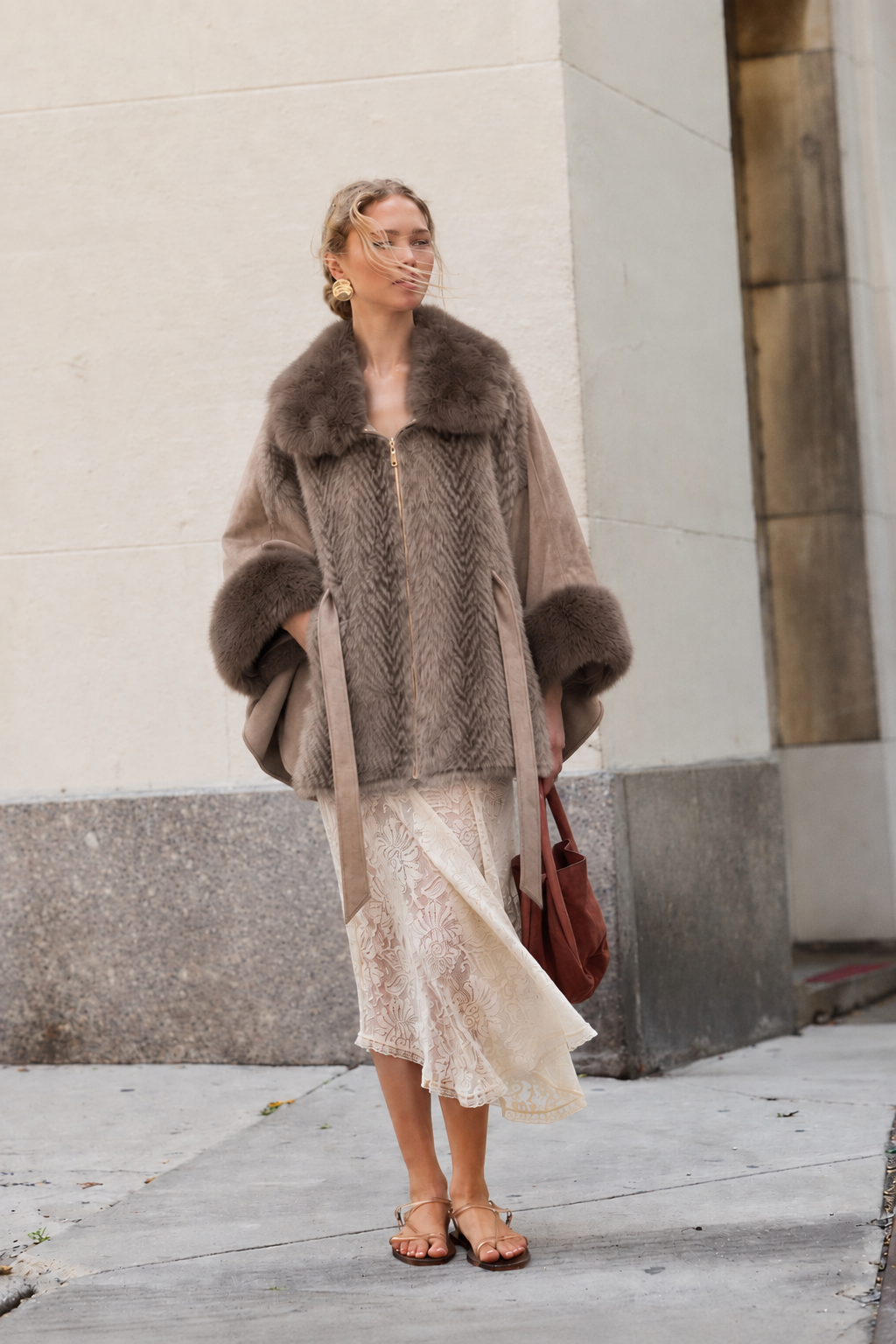 Herringbone Vegan Fur Suede Zip-Up Cape - KHAKI (OS) (Pack of 6)