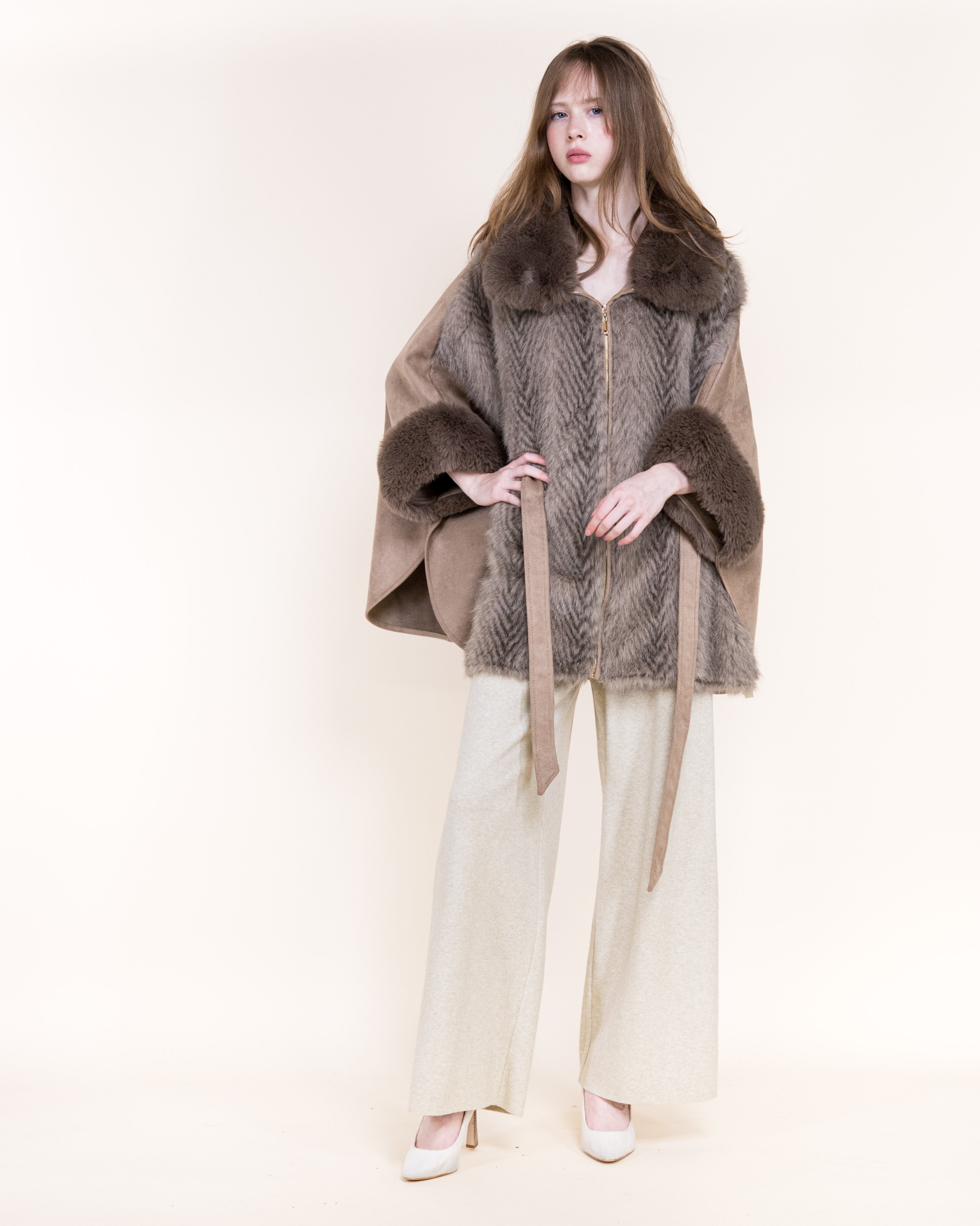 Herringbone Vegan Fur Suede Zip-Up Cape - BEIGE (OS) (Pack of 6)