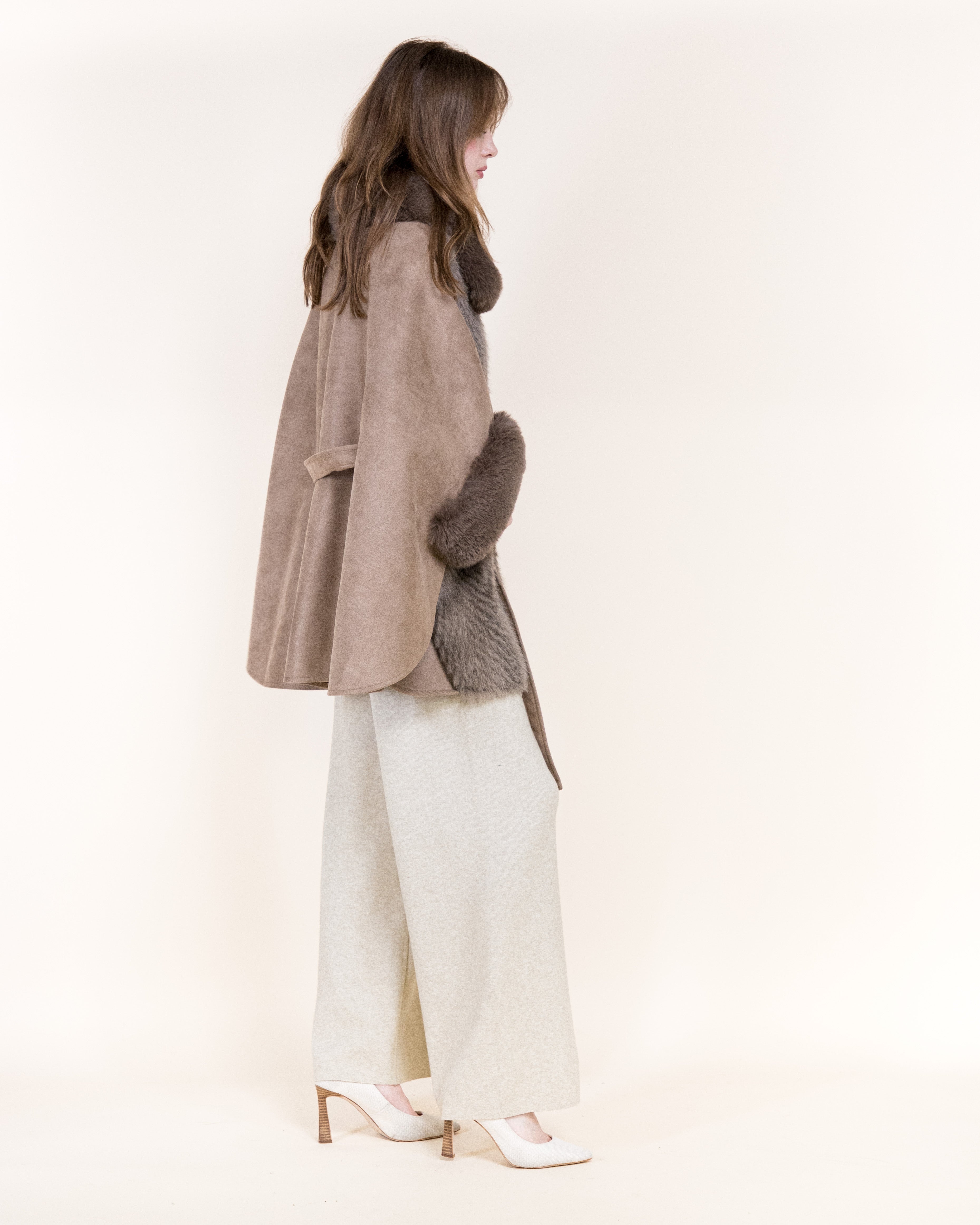 Herringbone Vegan Fur Suede Zip-Up Cape - BEIGE (OS) (Pack of 6)