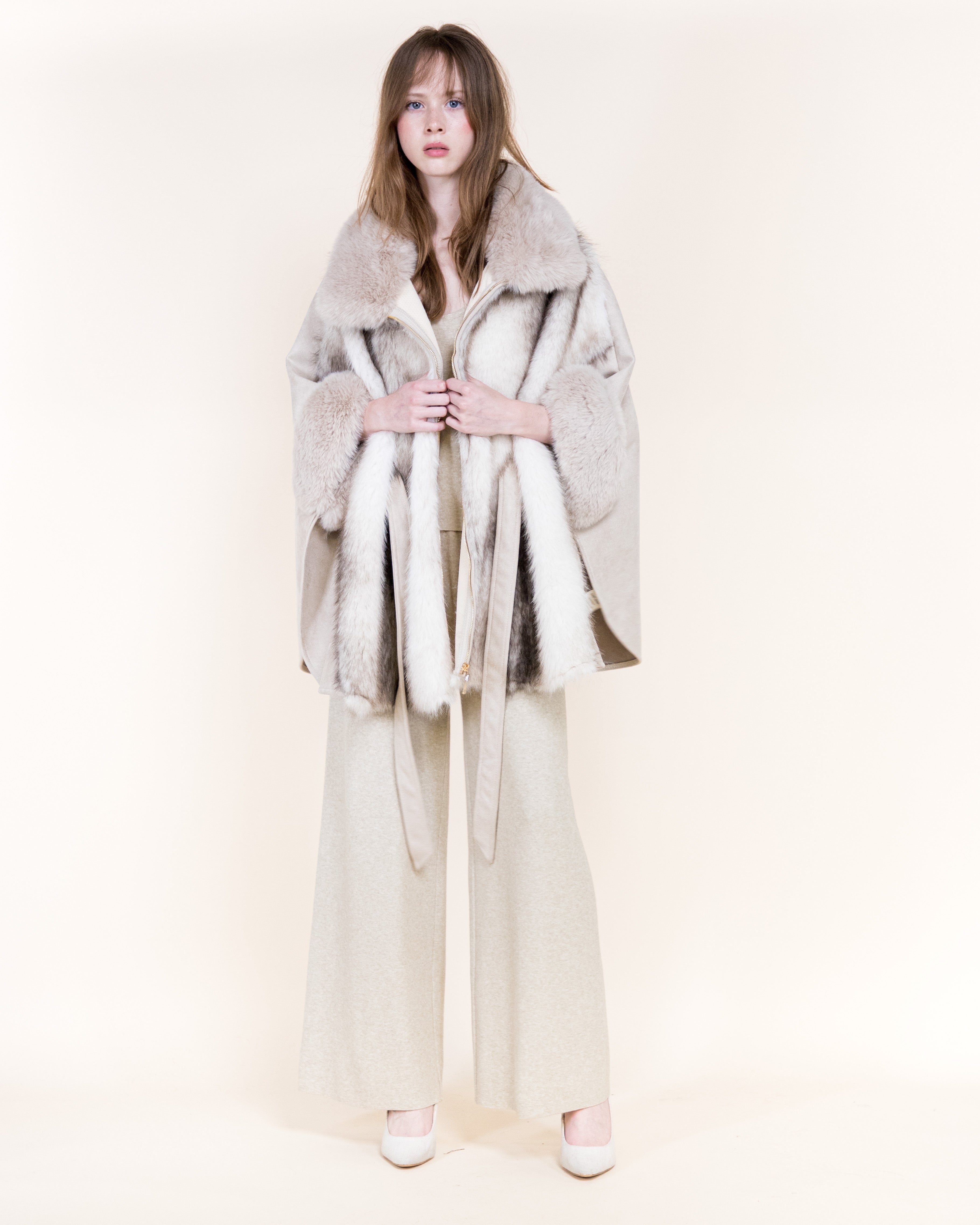 Striped Vegan Fur Neck Toggle Suede Belted Cape - KHAKI (OS) (Pack of 6)