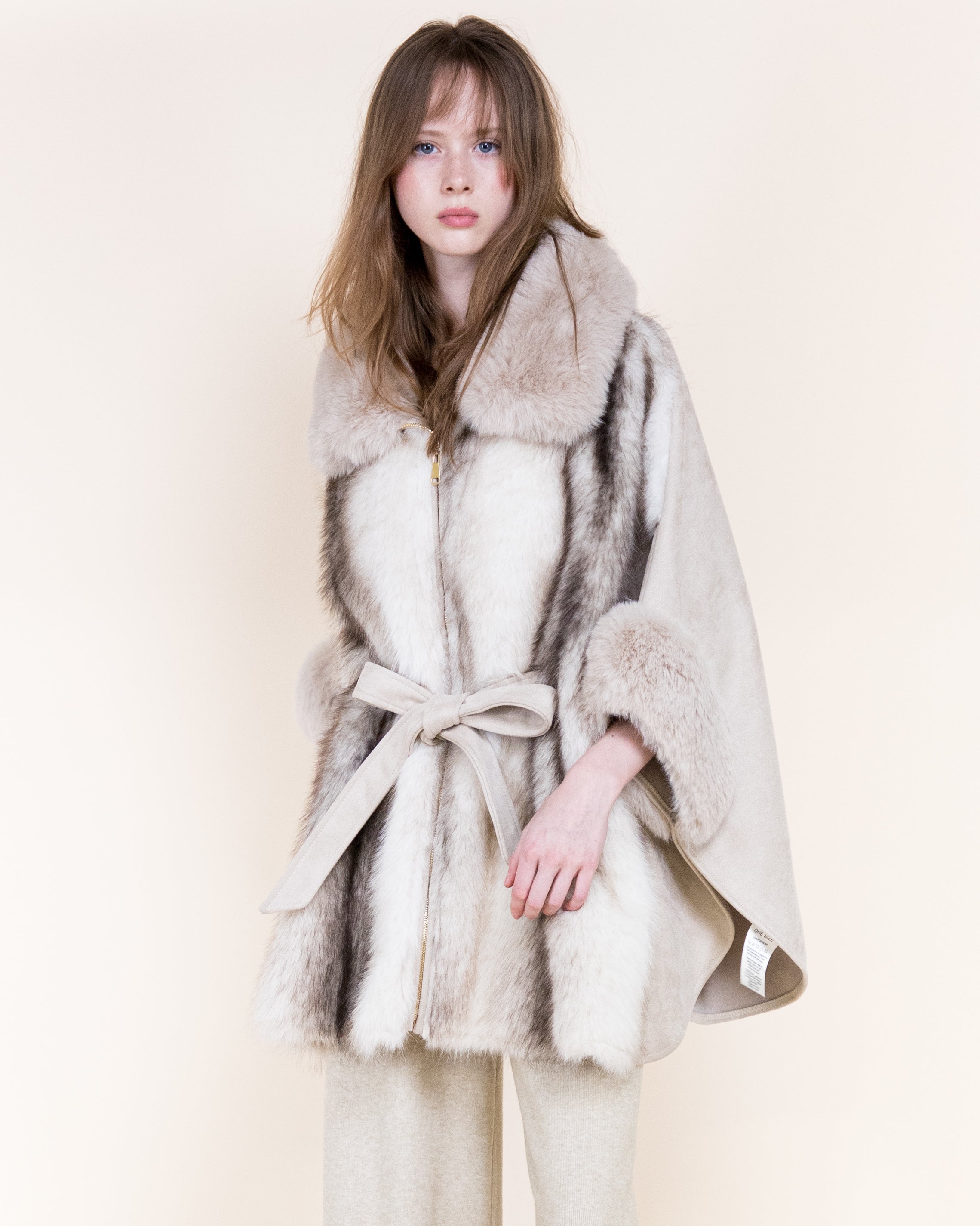 Striped Vegan Fur Neck Toggle Suede Belted Cape - KHAKI (OS) (Pack of 6)