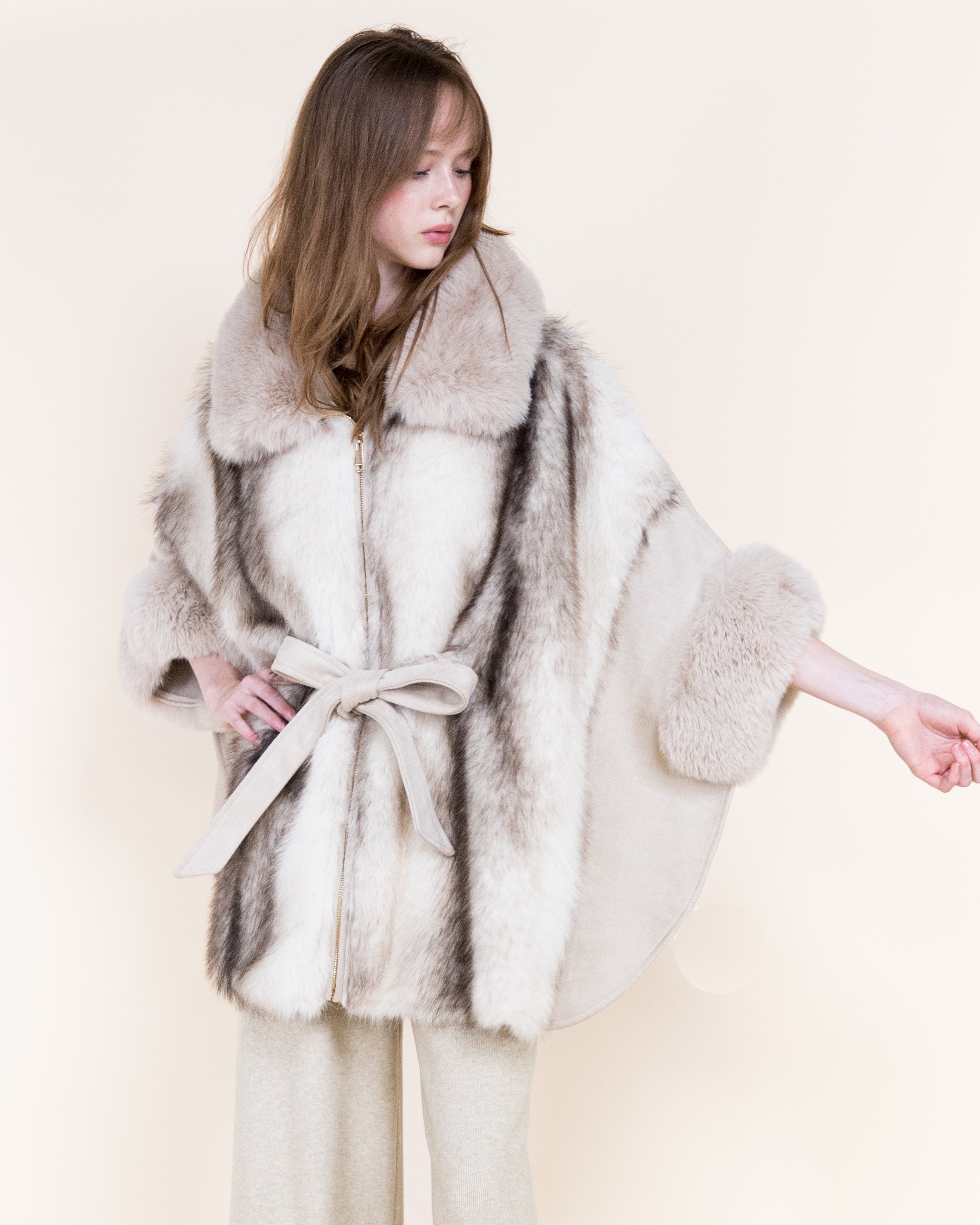 Striped Vegan Fur Neck Toggle Suede Belted Cape - KHAKI (OS) (Pack of 6)