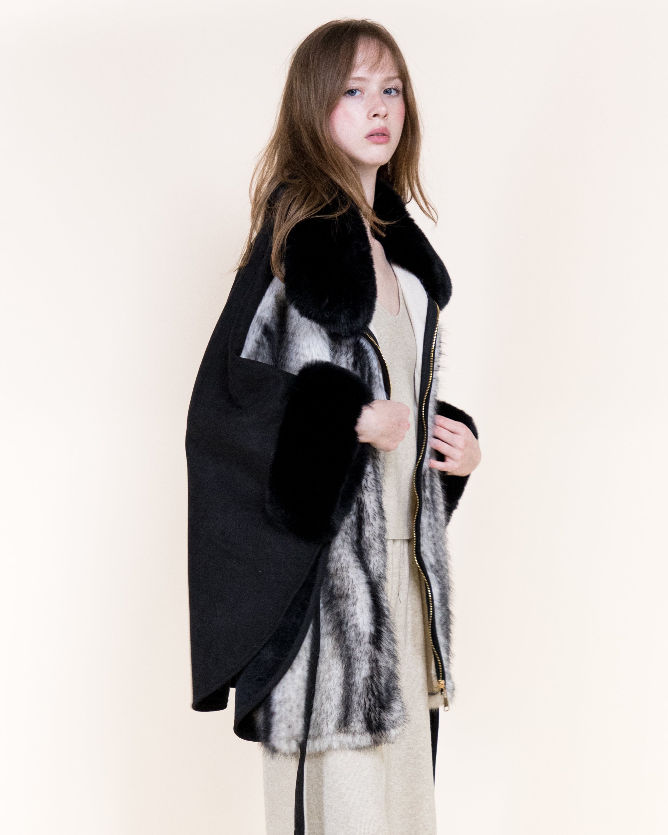 Striped Vegan Fur Neck Toggle Suede Belted Cape - KHAKI (OS) (Pack of 6)