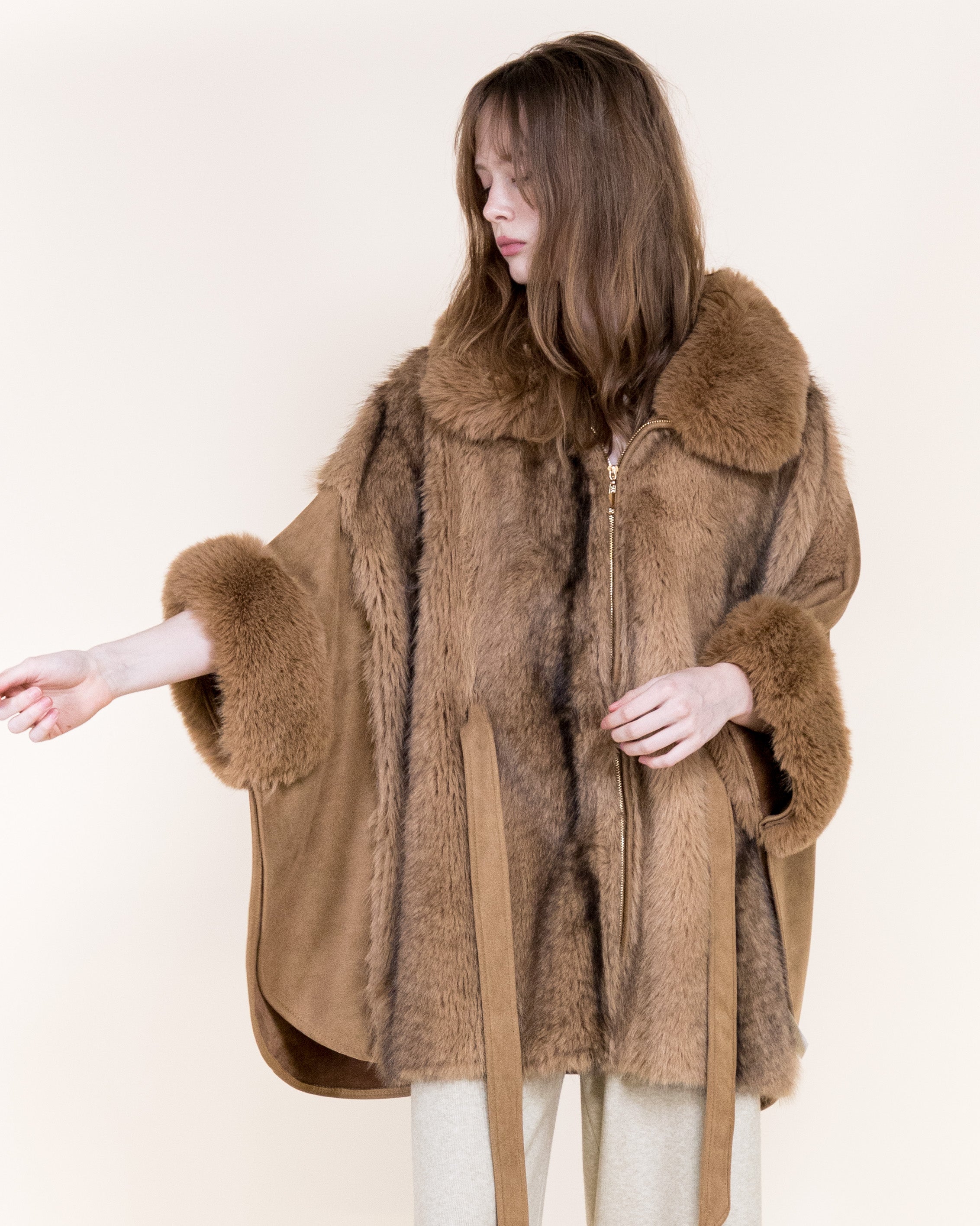 Striped Vegan Fur Neck Toggle Suede Belted Cape - KHAKI (OS) (Pack of 6)