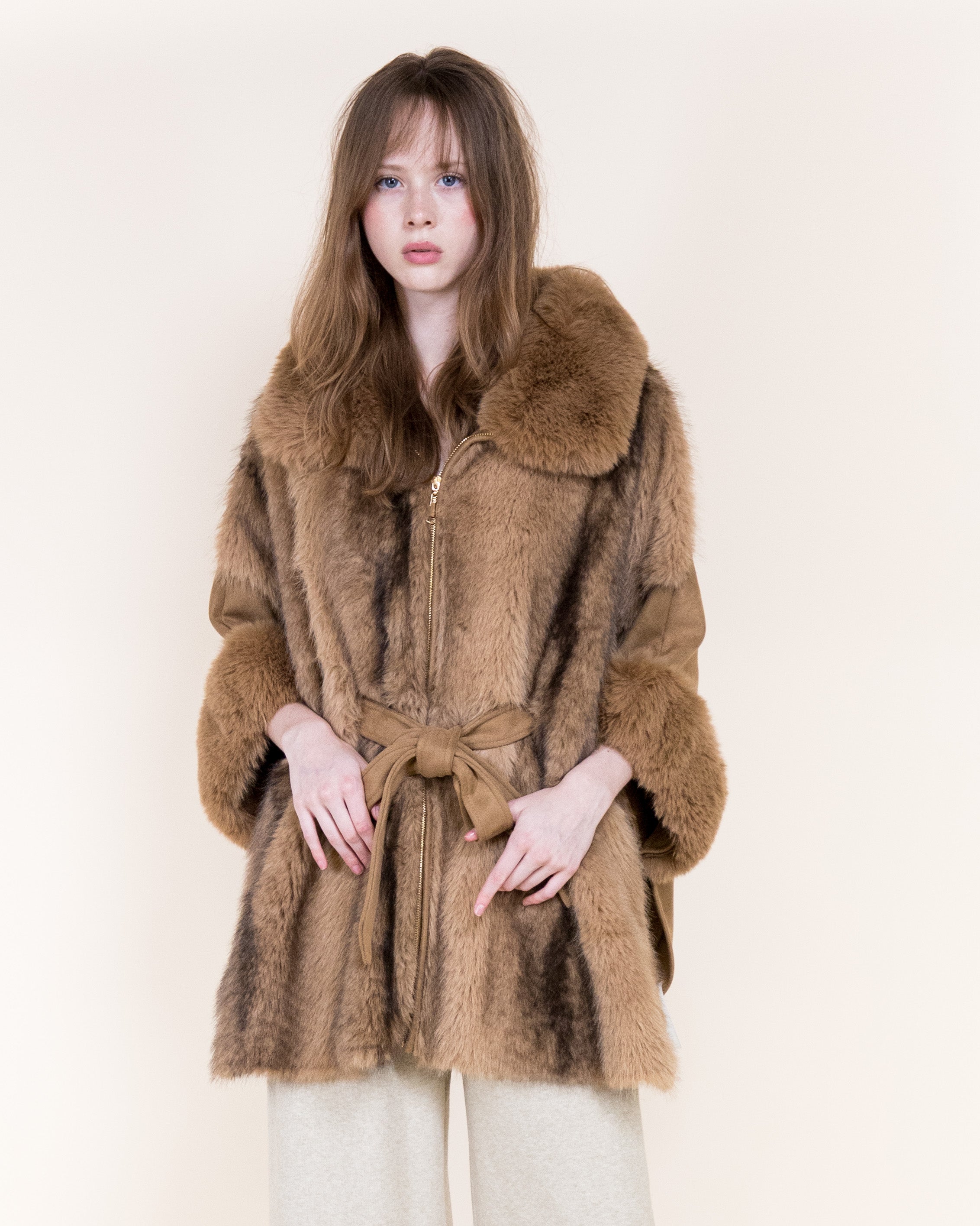 Striped Vegan Fur Neck Toggle Suede Belted Cape - KHAKI (OS) (Pack of 6)
