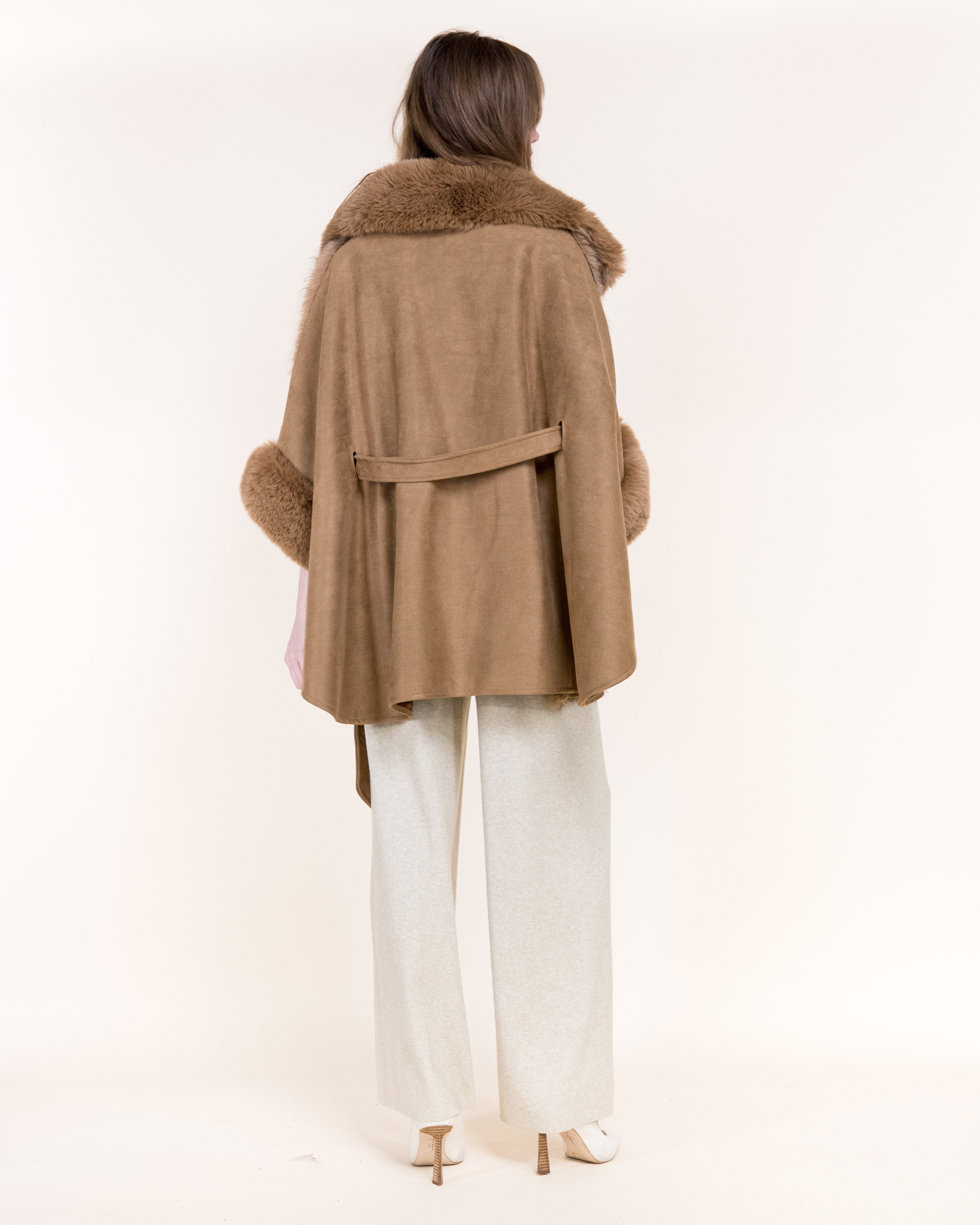 Striped Vegan Fur Neck Toggle Suede Belted Cape - KHAKI (OS) (Pack of 6)