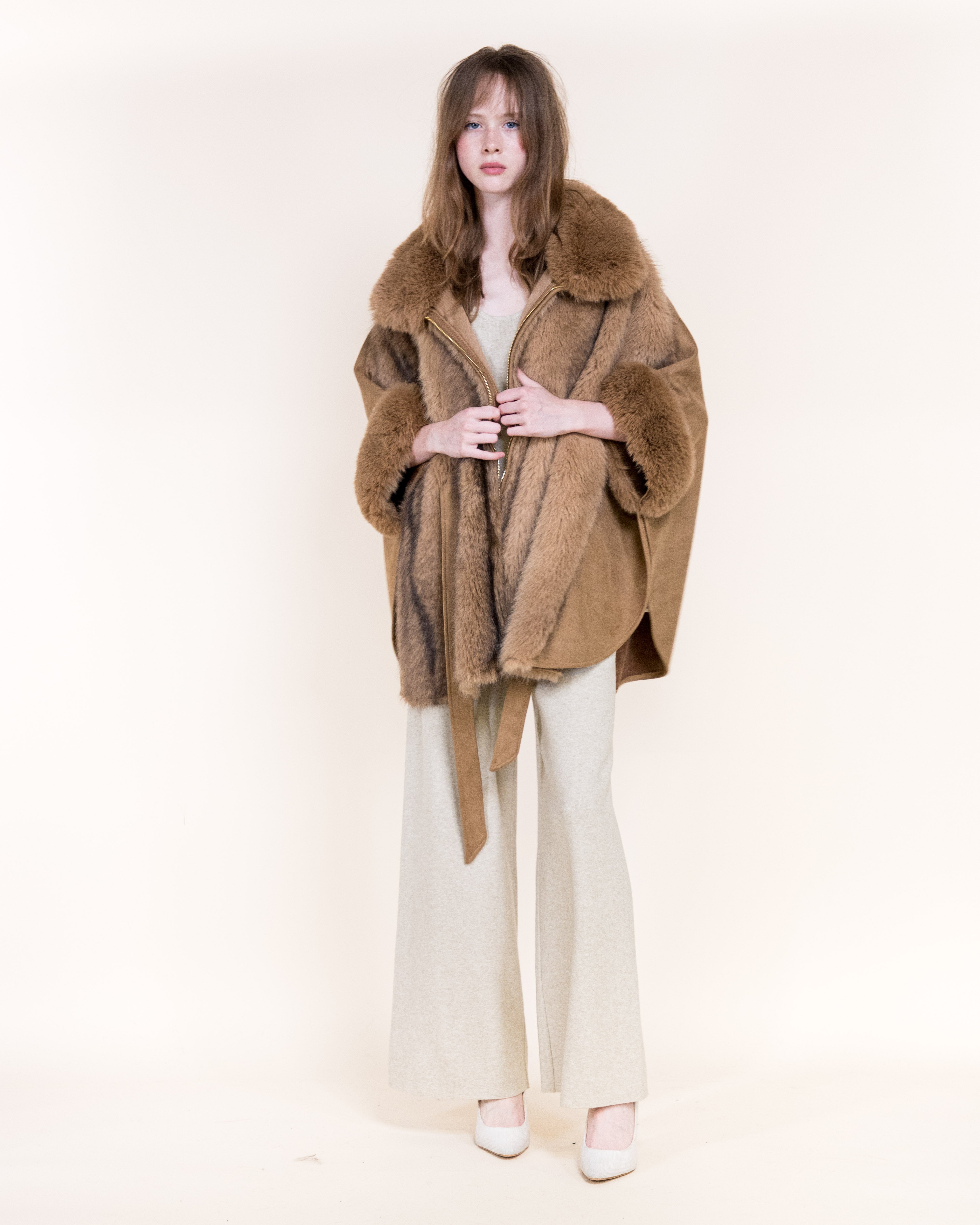 Striped Vegan Fur Neck Toggle Suede Belted Cape - KHAKI (OS) (Pack of 6)