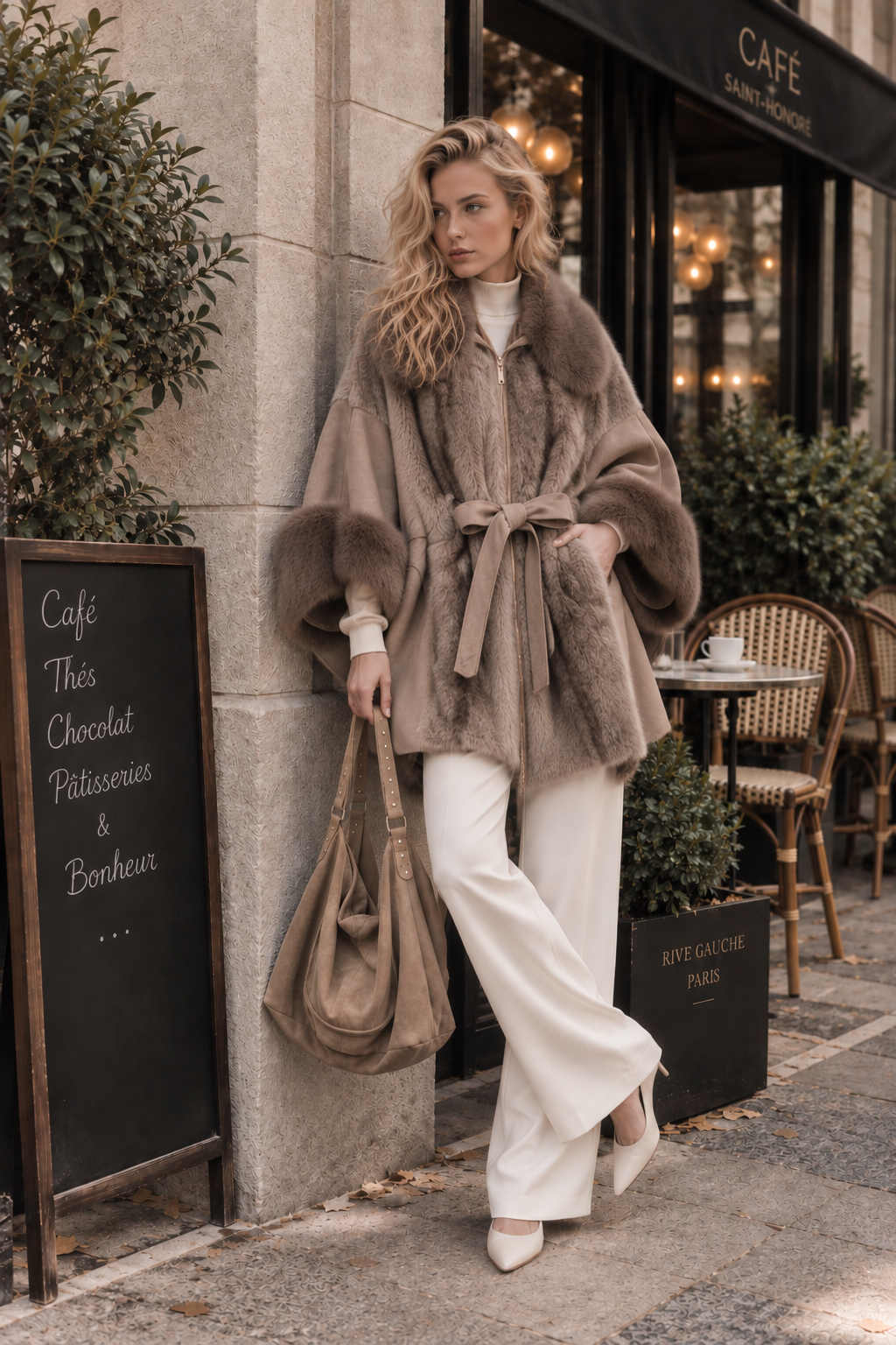 Striped Vegan Fur Neck Toggle Suede Belted Cape - KHAKI (OS) (Pack of 6)